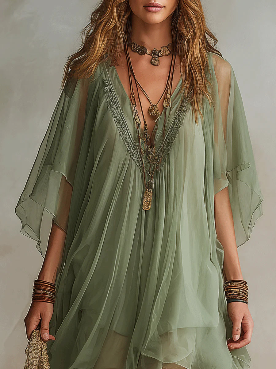 Miranda – Green Flowy Chiffon Mini Dress with V-Neck