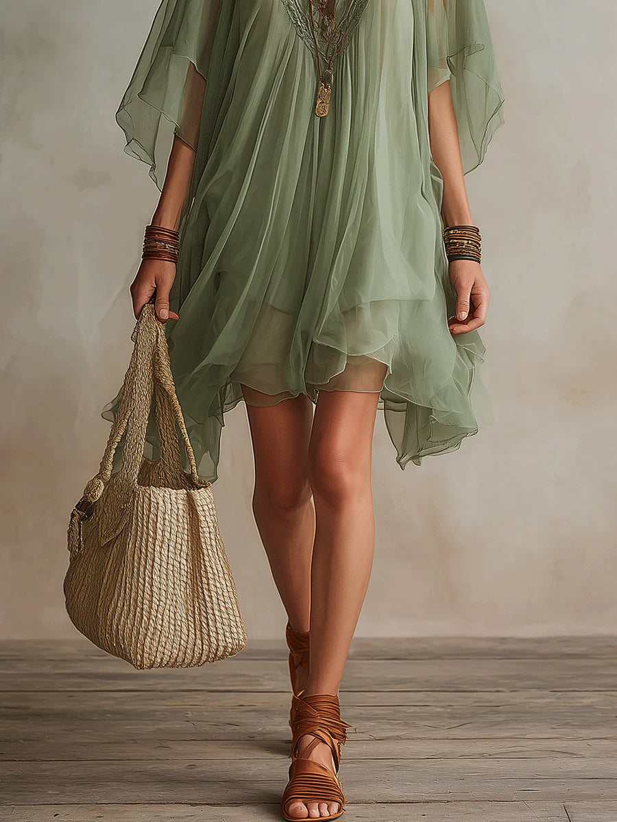 Imani - Green Chiffon V-neck Layered Flowy Mini Dress