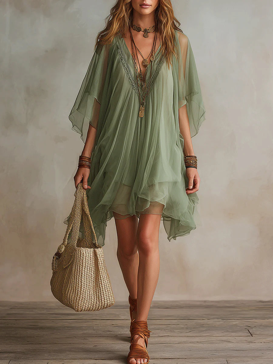 Miranda – Green Flowy Chiffon Mini Dress with V-Neck