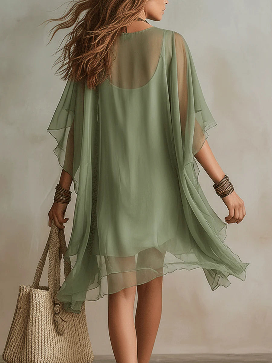 Miranda – Green Flowy Chiffon Mini Dress with V-Neck