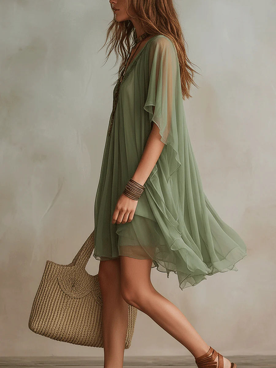 Miranda – Green Flowy Chiffon Mini Dress with V-Neck
