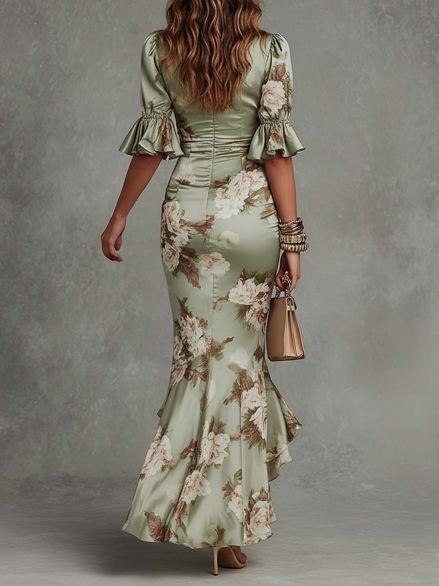 Alba - Green Floral Ruffled Bell Sleeve V-neck Satin Asymmetrical Maxi Dress