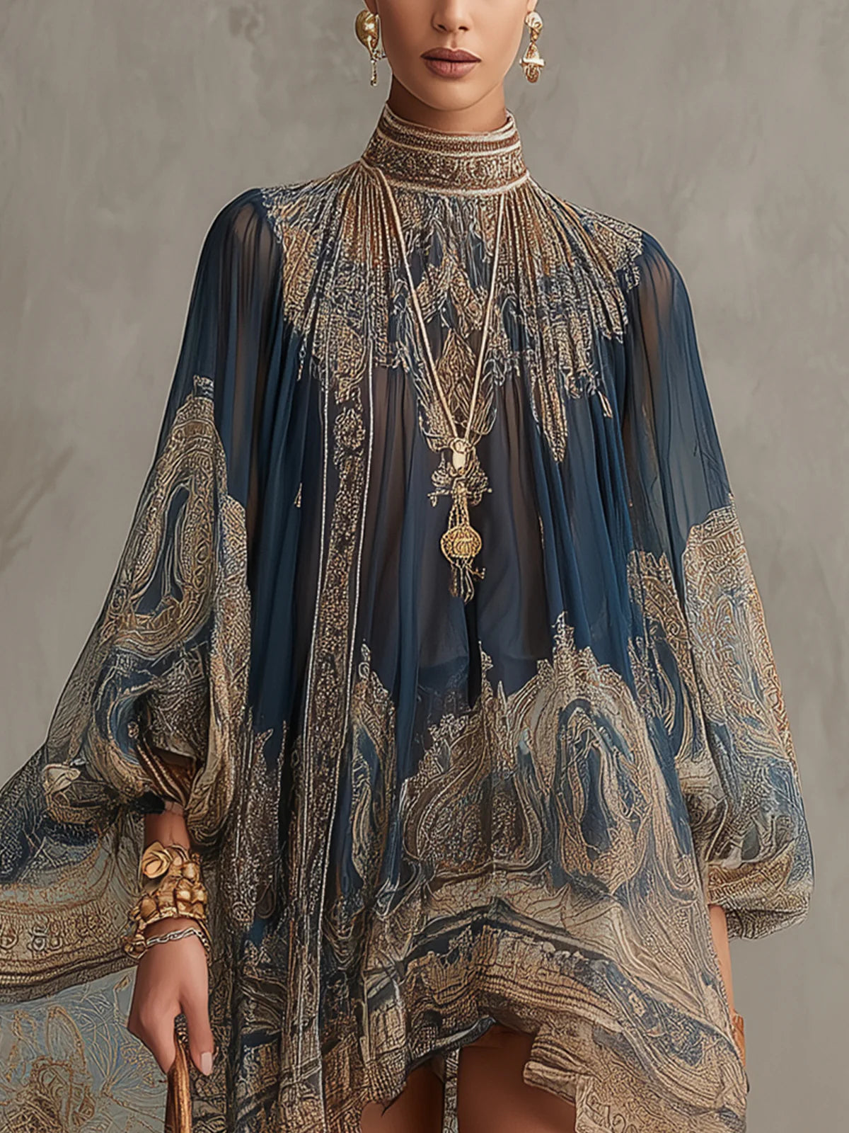 Rosemary – Navy Blue Baroque Print High-Neck Asymmetric Chiffon Mini Dress