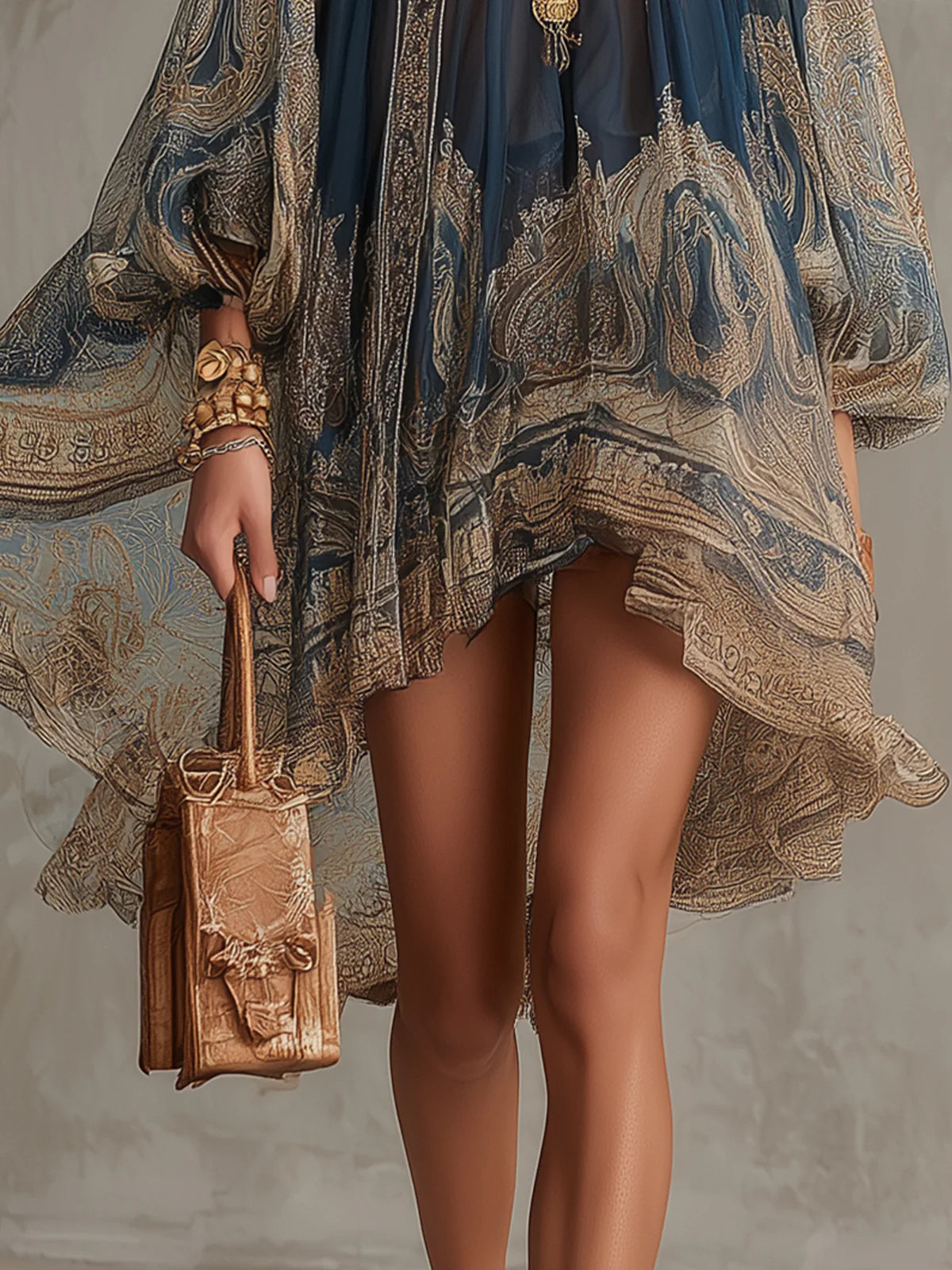 Rosemary – Navy Blue Baroque Print High-Neck Asymmetric Chiffon Mini Dress