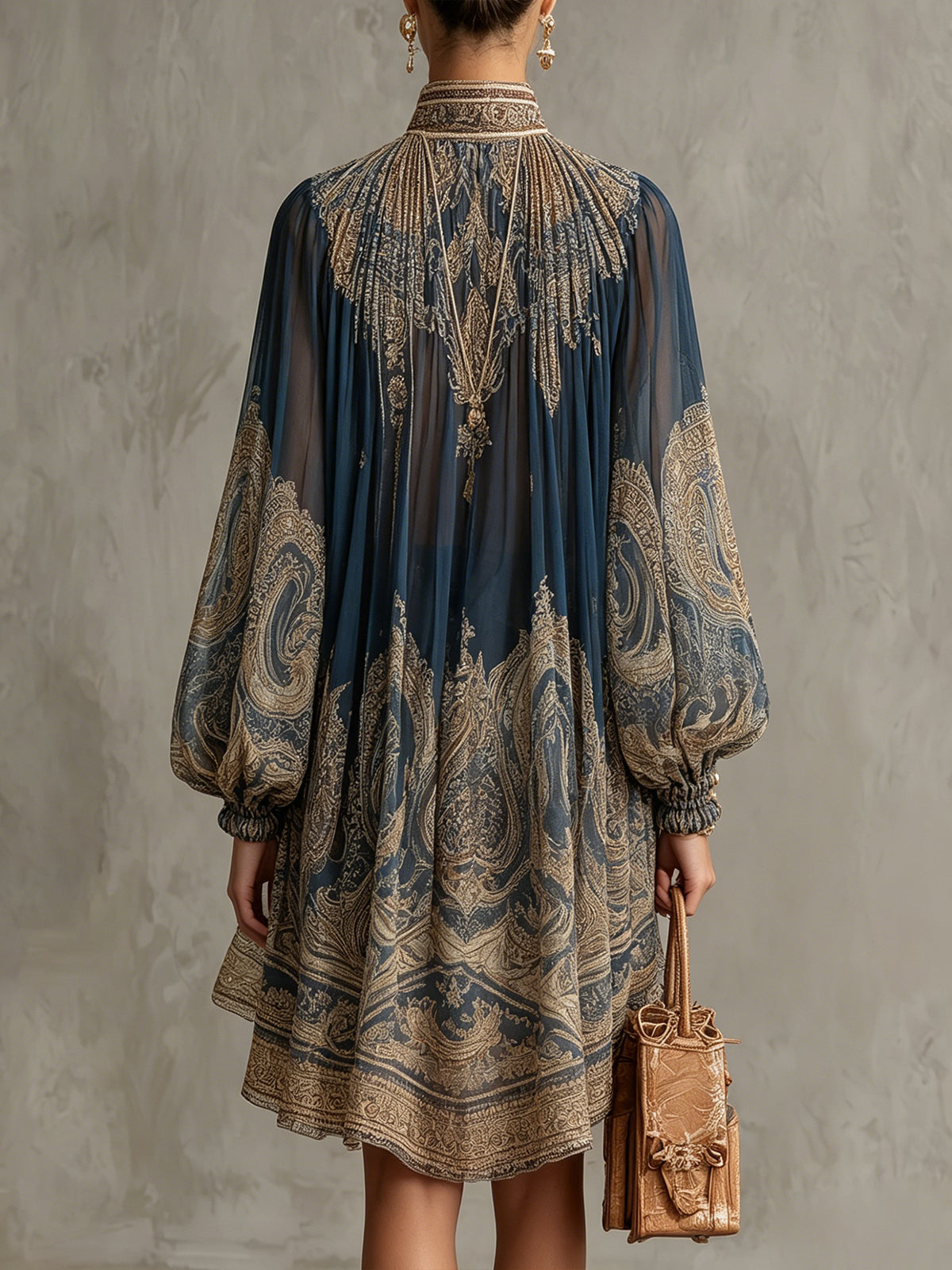 Rosemary – Navy Blue Baroque Print High-Neck Asymmetric Chiffon Mini Dress