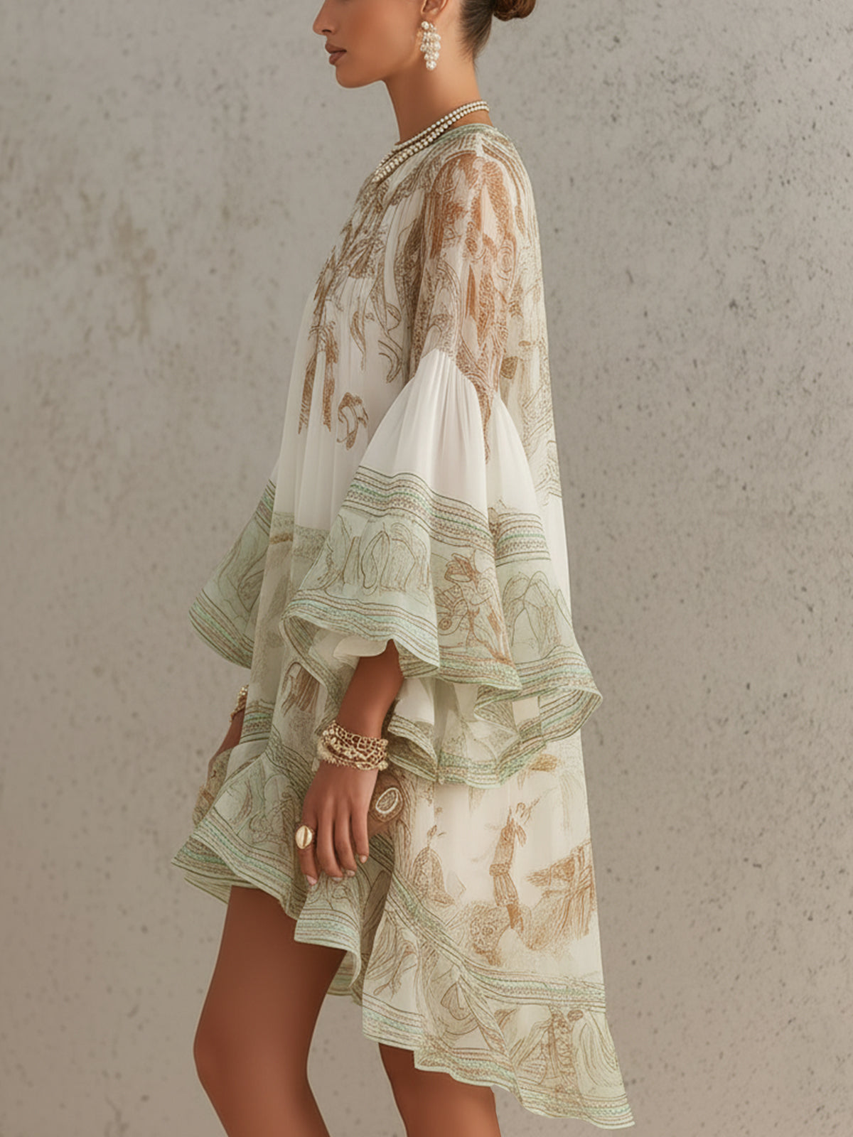 Isobel – Green Chiffon Mini Dress with Ruffle Sleeves and Gathered Hem