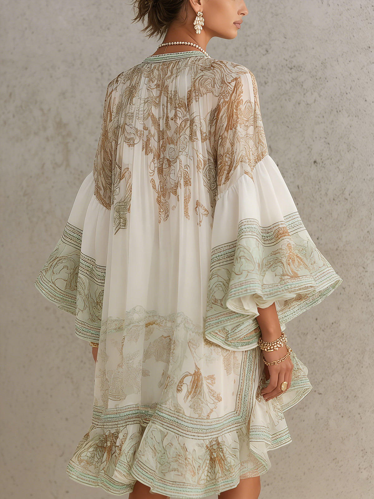 Isobel – Green Chiffon Mini Dress with Ruffle Sleeves and Gathered Hem
