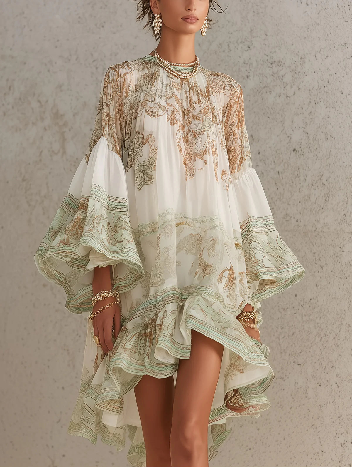 Isobel – Green Chiffon Mini Dress with Ruffle Sleeves and Gathered Hem