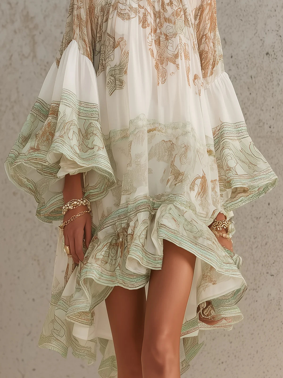 Isobel – Green Chiffon Mini Dress with Ruffle Sleeves and Gathered Hem