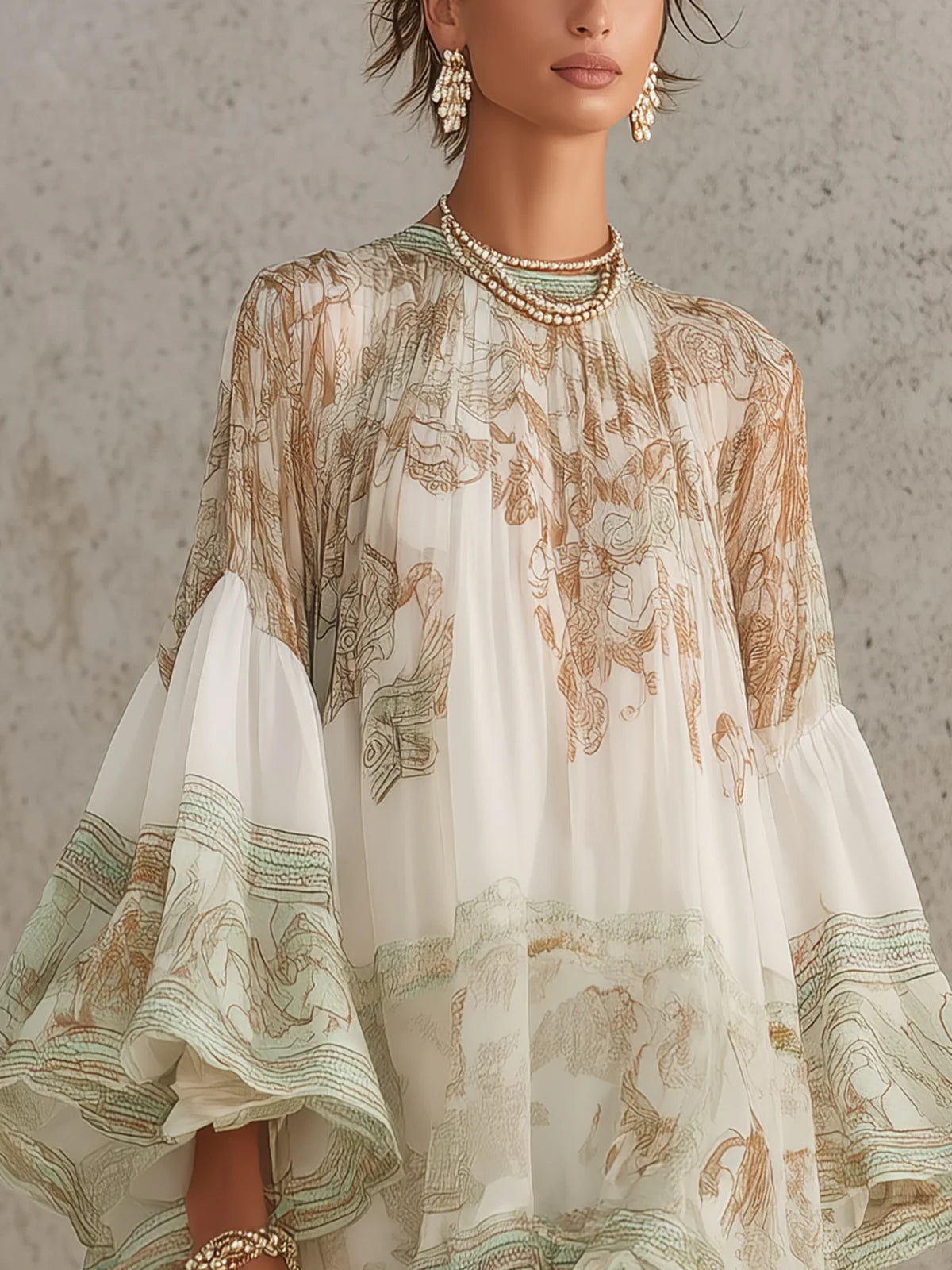 Isobel – Green Chiffon Mini Dress with Ruffle Sleeves and Gathered Hem