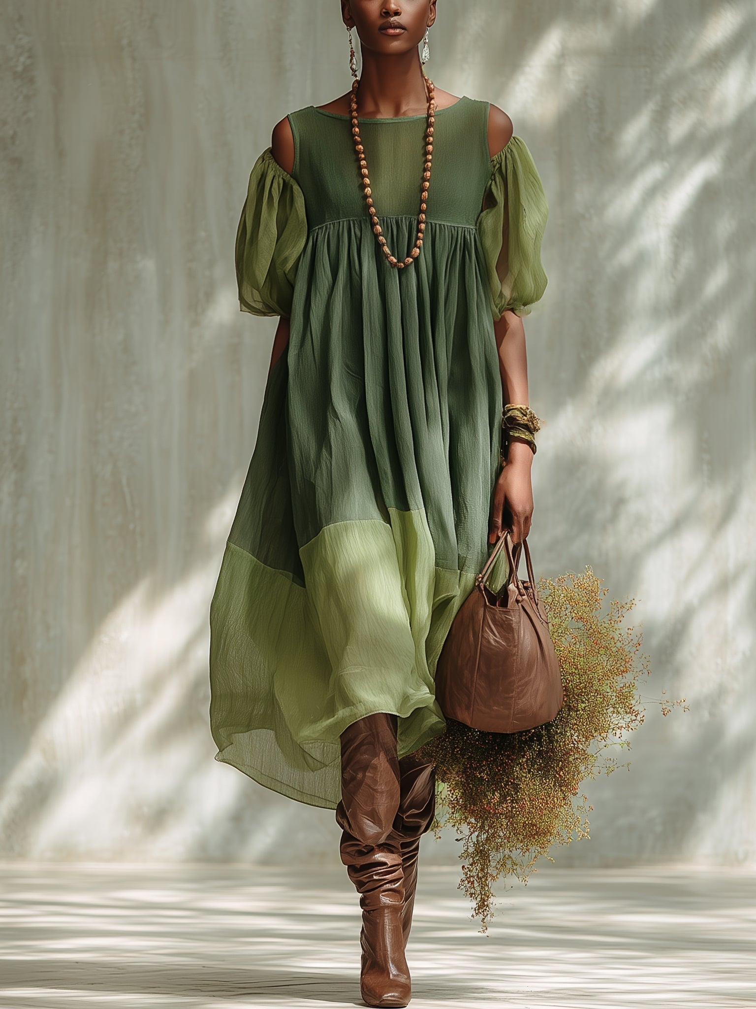 Meredith – Green Off-Shoulder Chiffon Midi Dress with Short Sleeves