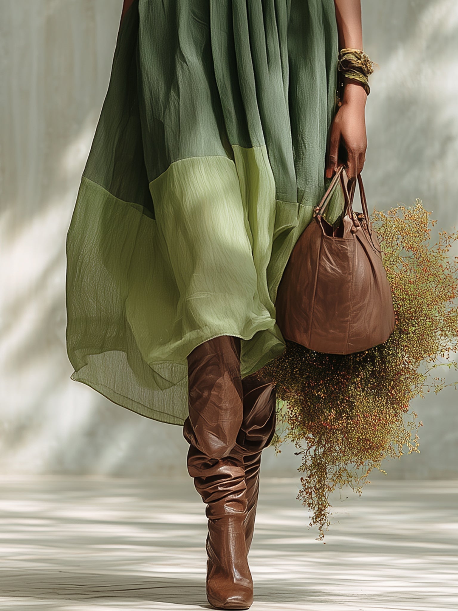 Meredith – Green Off-Shoulder Chiffon Midi Dress with Short Sleeves