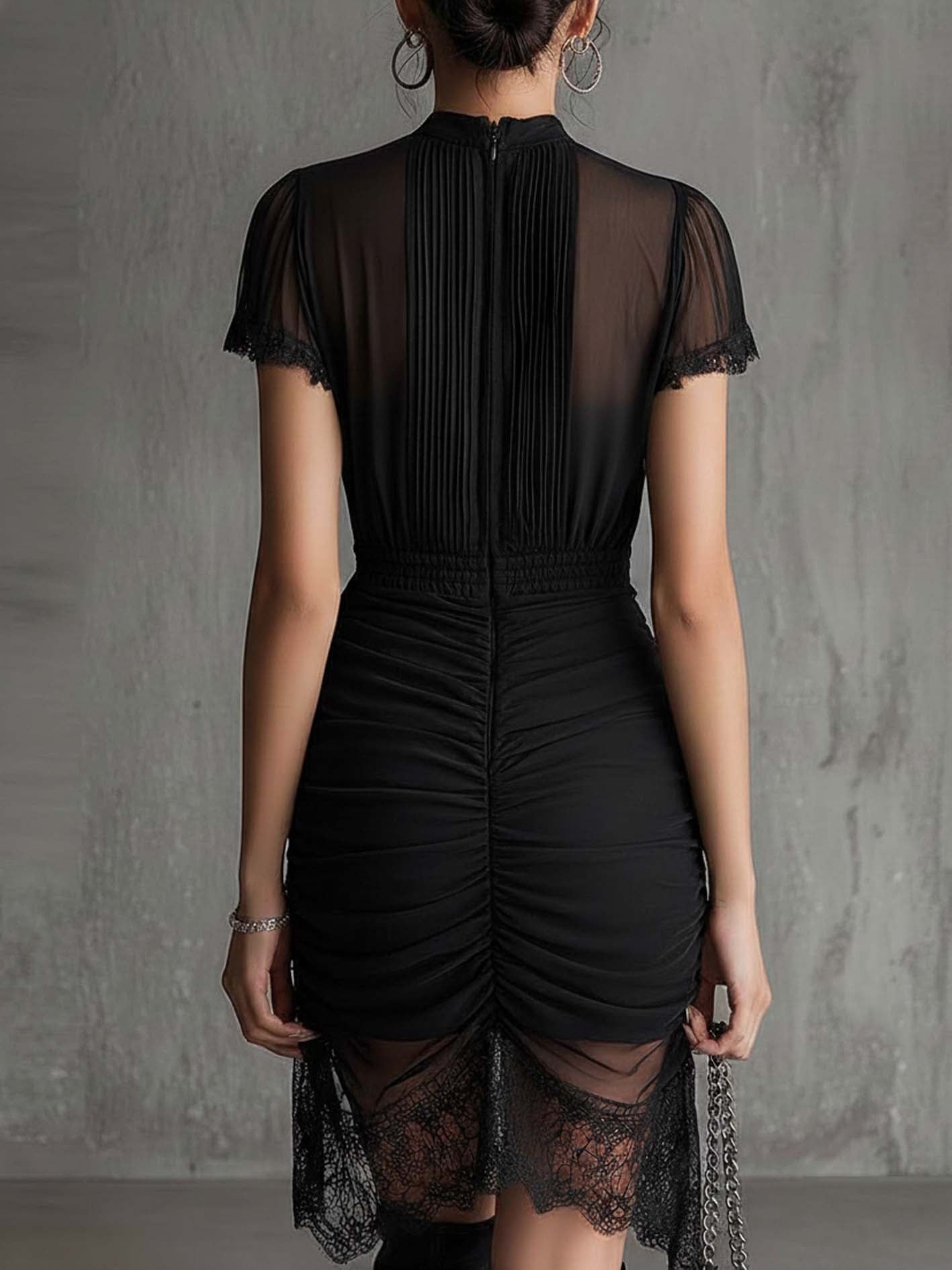 Maya - Black Chiffon Pleated Waist Lace-trimmed Mini Dress