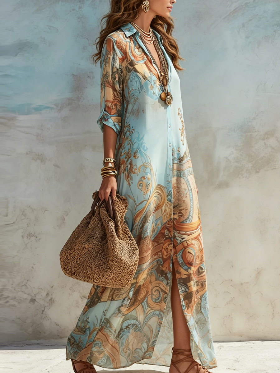 Mila - Vacation Blue Floral Print Shirt Maxi Dress