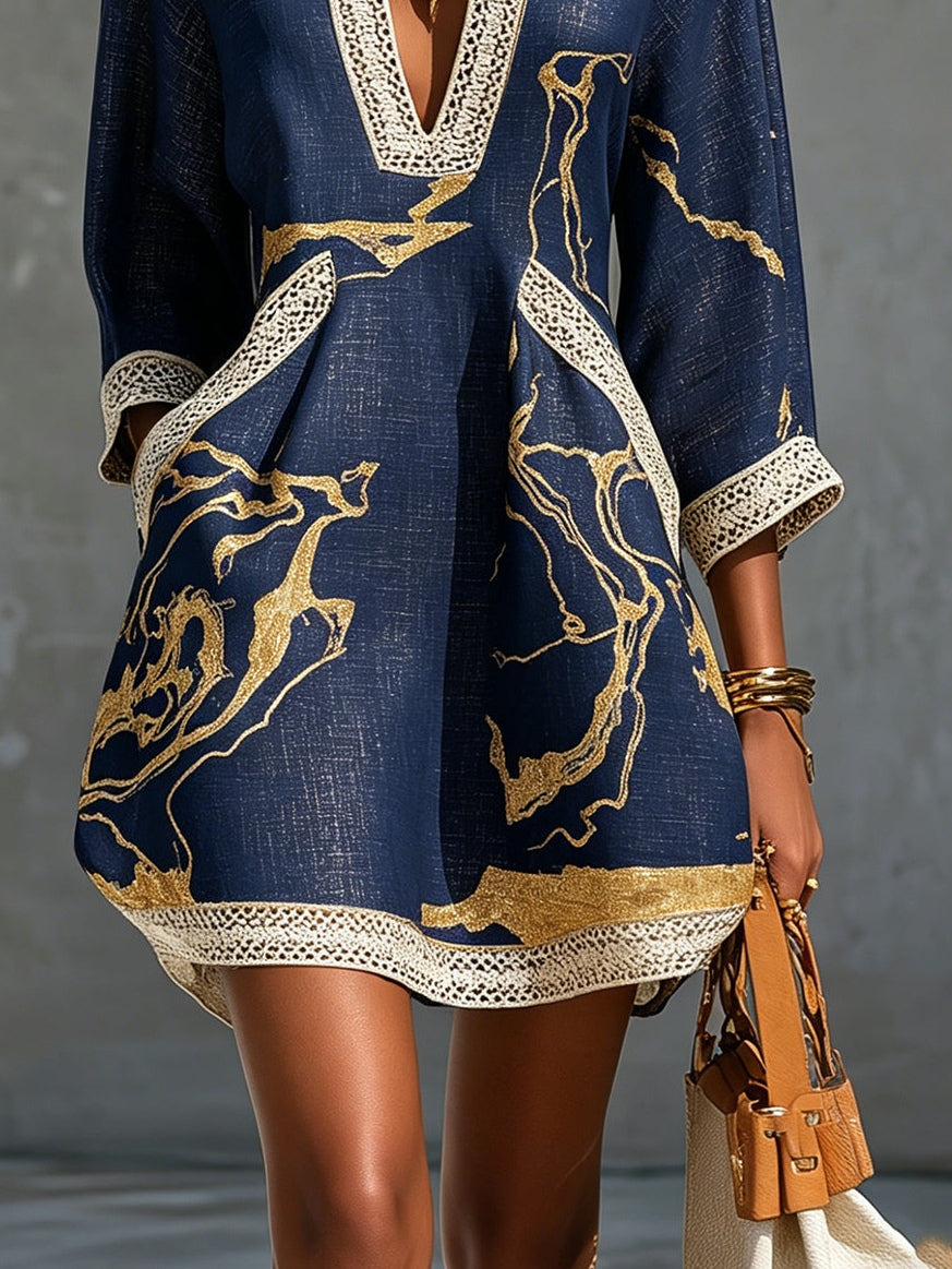Chloe – Navy Mini Dress with Gold Print, Crochet Lace and V-Neck