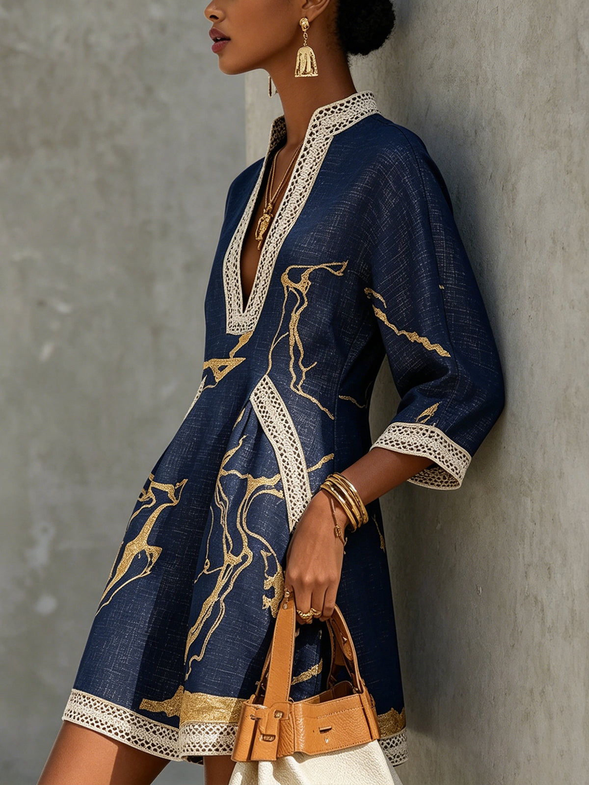 Chloe – Navy Mini Dress with Gold Print, Crochet Lace and V-Neck