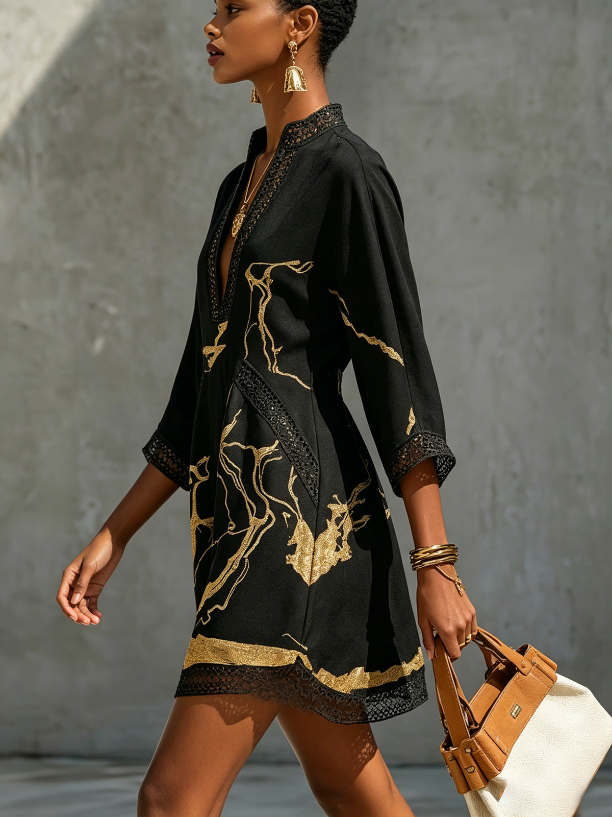 Margot – Black and Gold Print Crochet Lace V-Neck Mini Dress