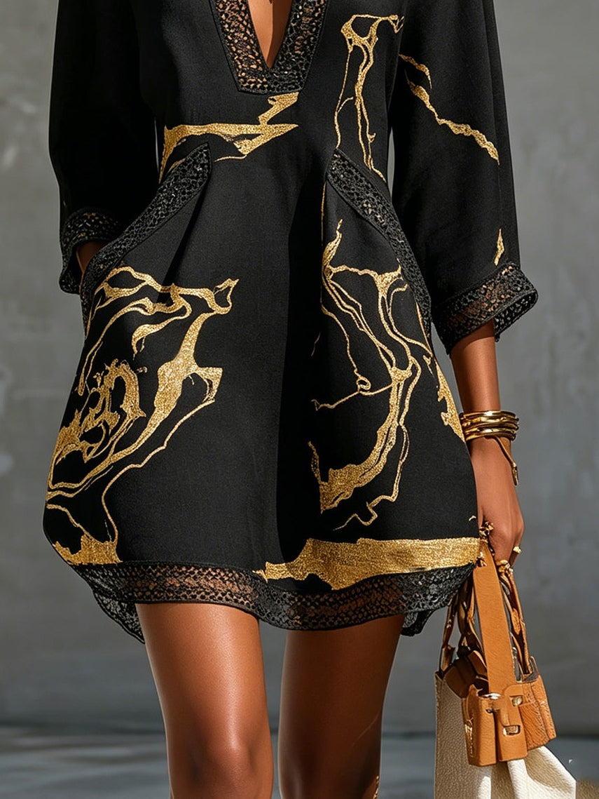 Margot – Black and Gold Print Crochet Lace V-Neck Mini Dress