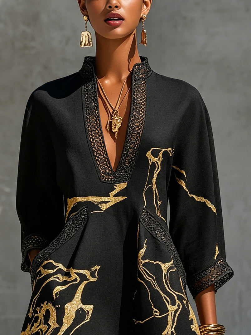 Margot – Black and Gold Print Crochet Lace V-Neck Mini Dress