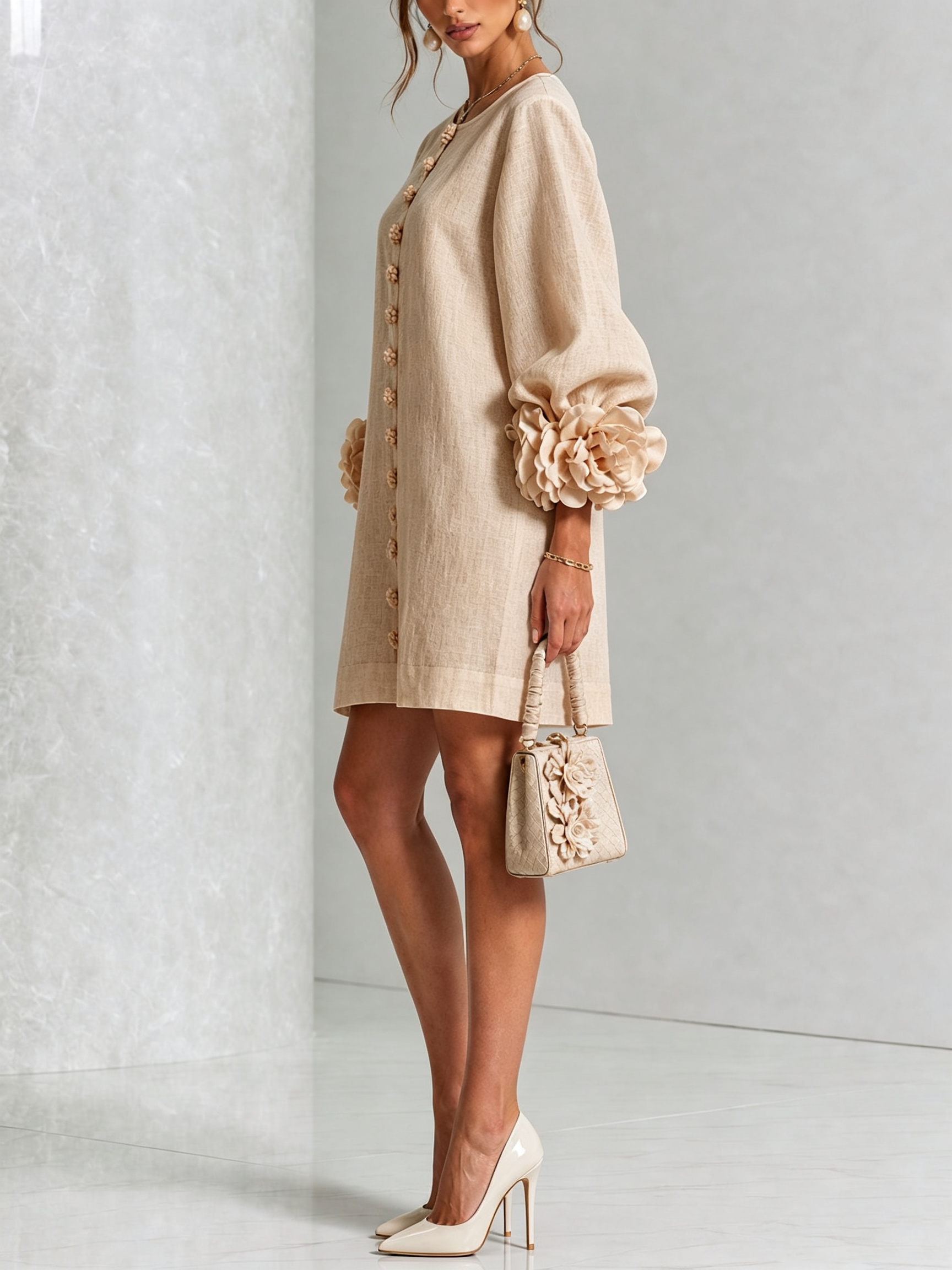 Cecily – White Mini Dress with Floral Buttons and Statement Sleeves