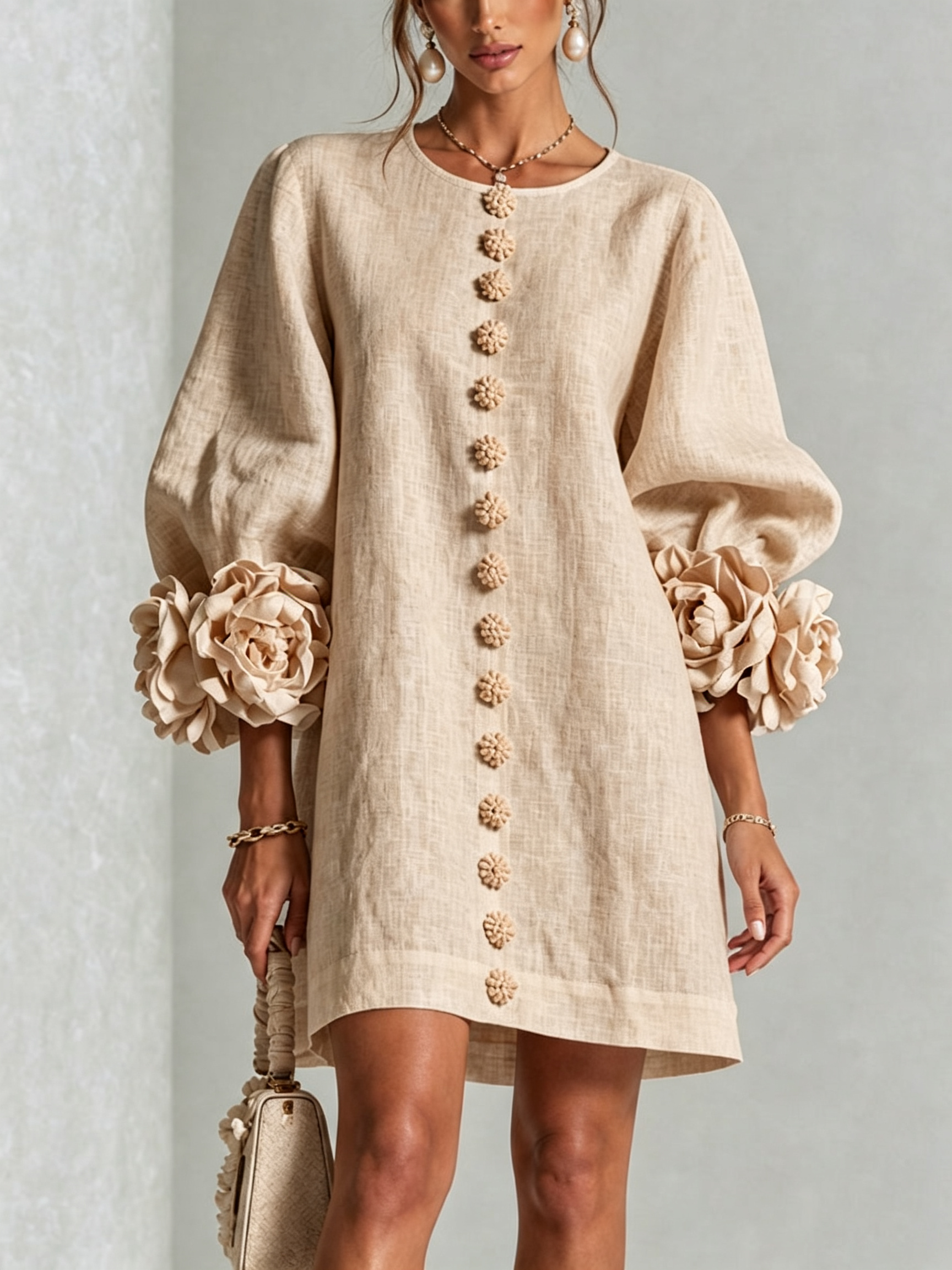 Cecily – White Mini Dress with Floral Buttons and Statement Sleeves