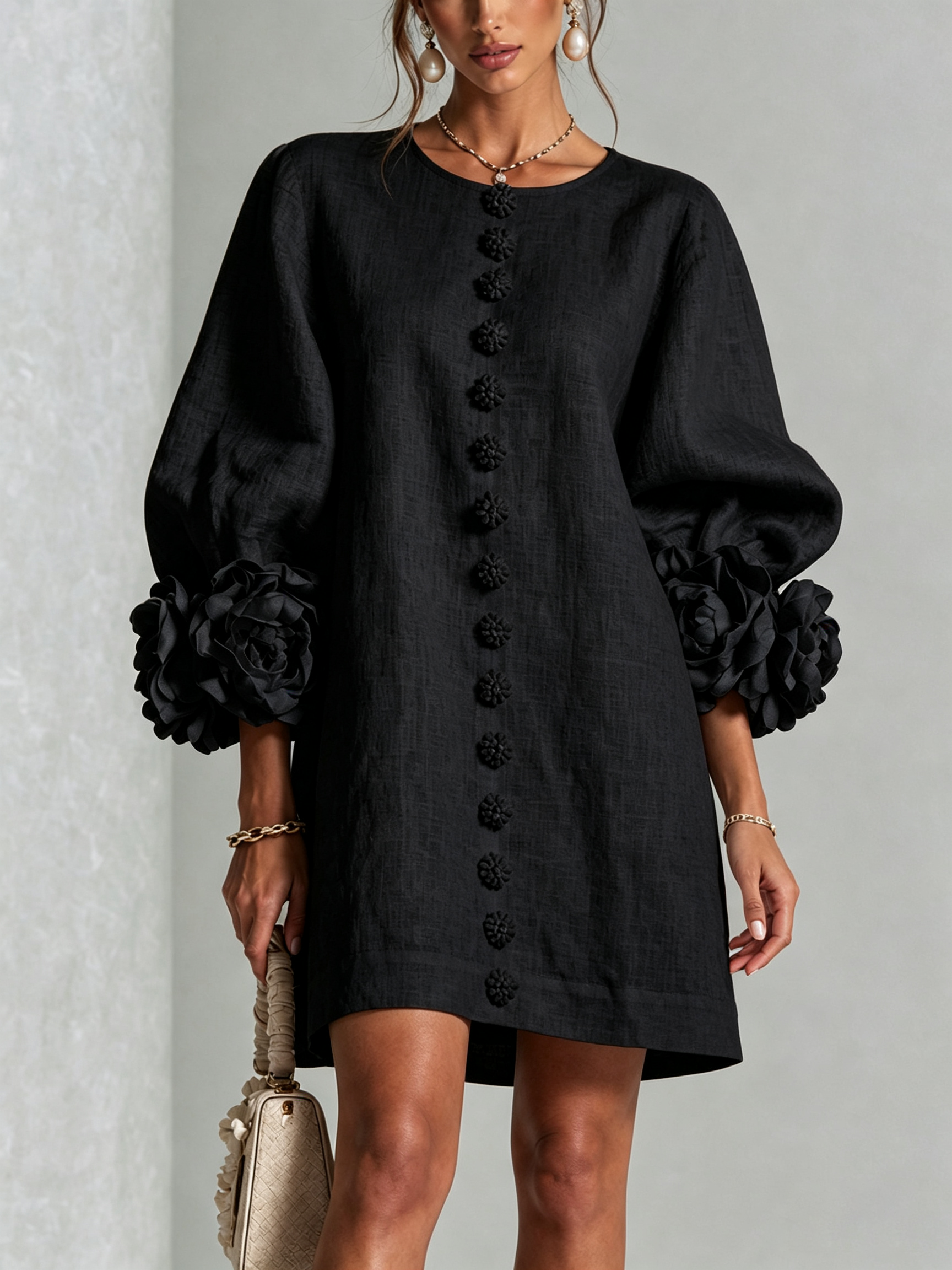 Cecily – White Mini Dress with Floral Buttons and Statement Sleeves