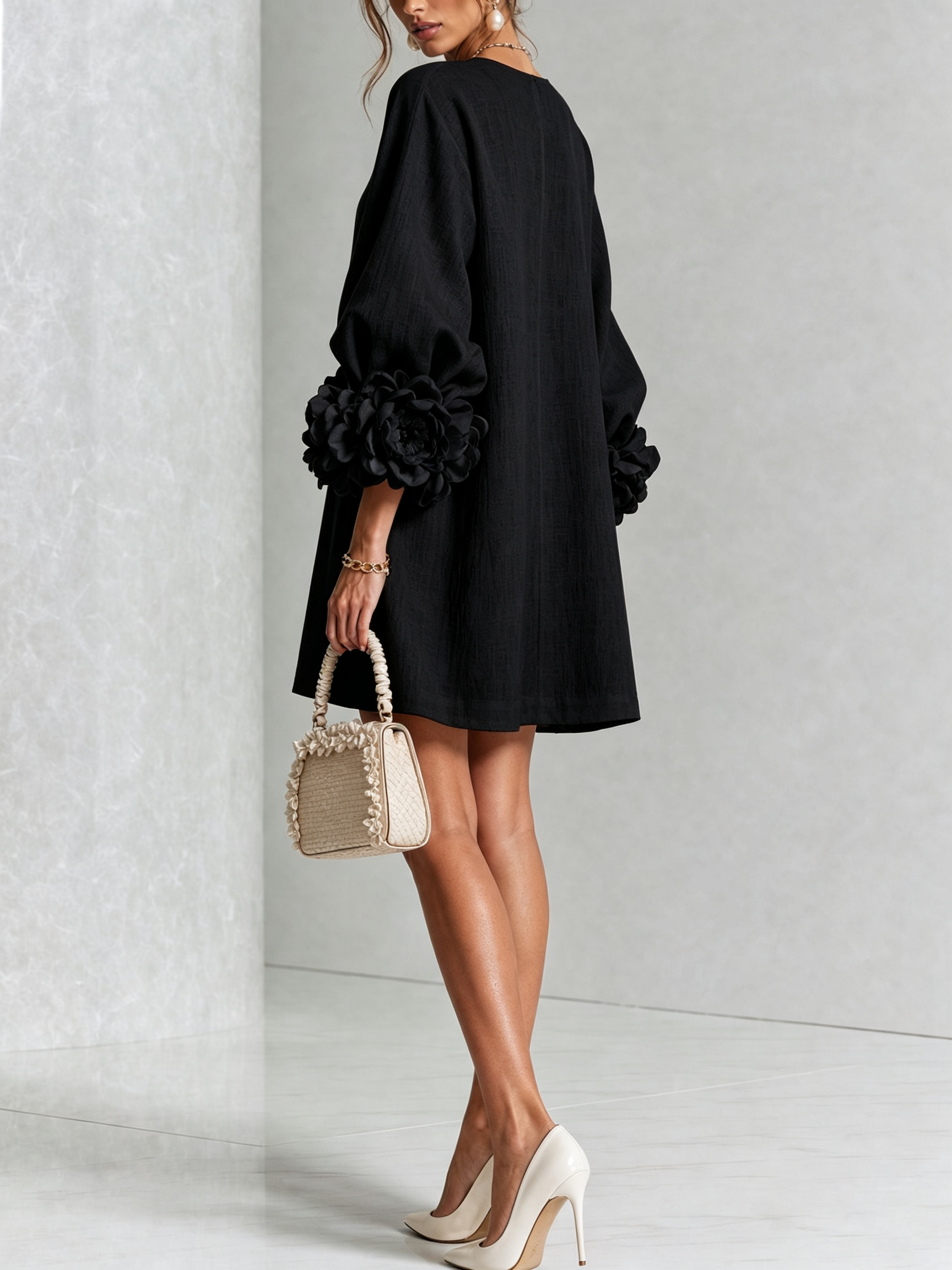 Cecily – White Mini Dress with Floral Buttons and Statement Sleeves