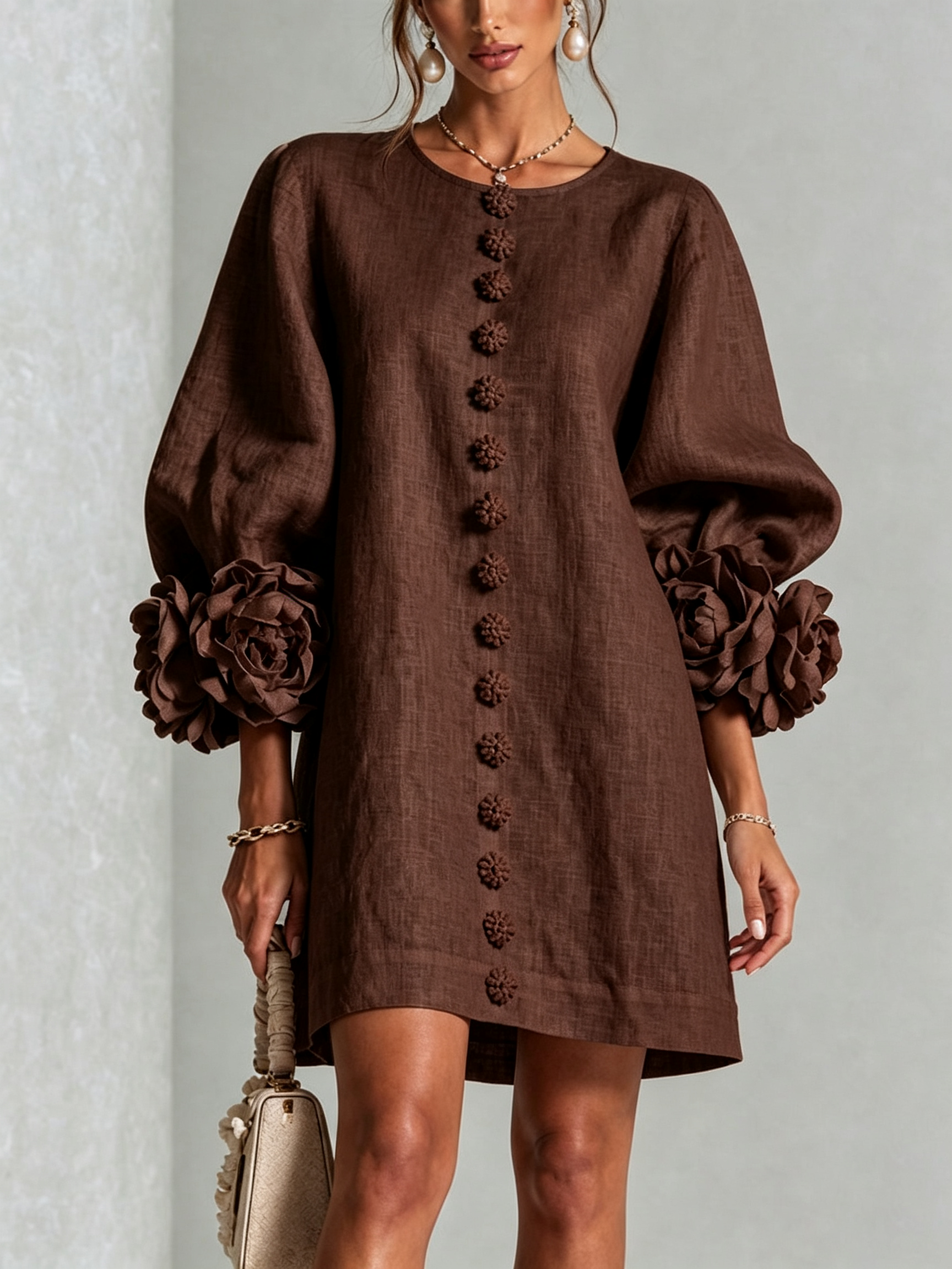 Cecily – White Mini Dress with Floral Buttons and Statement Sleeves