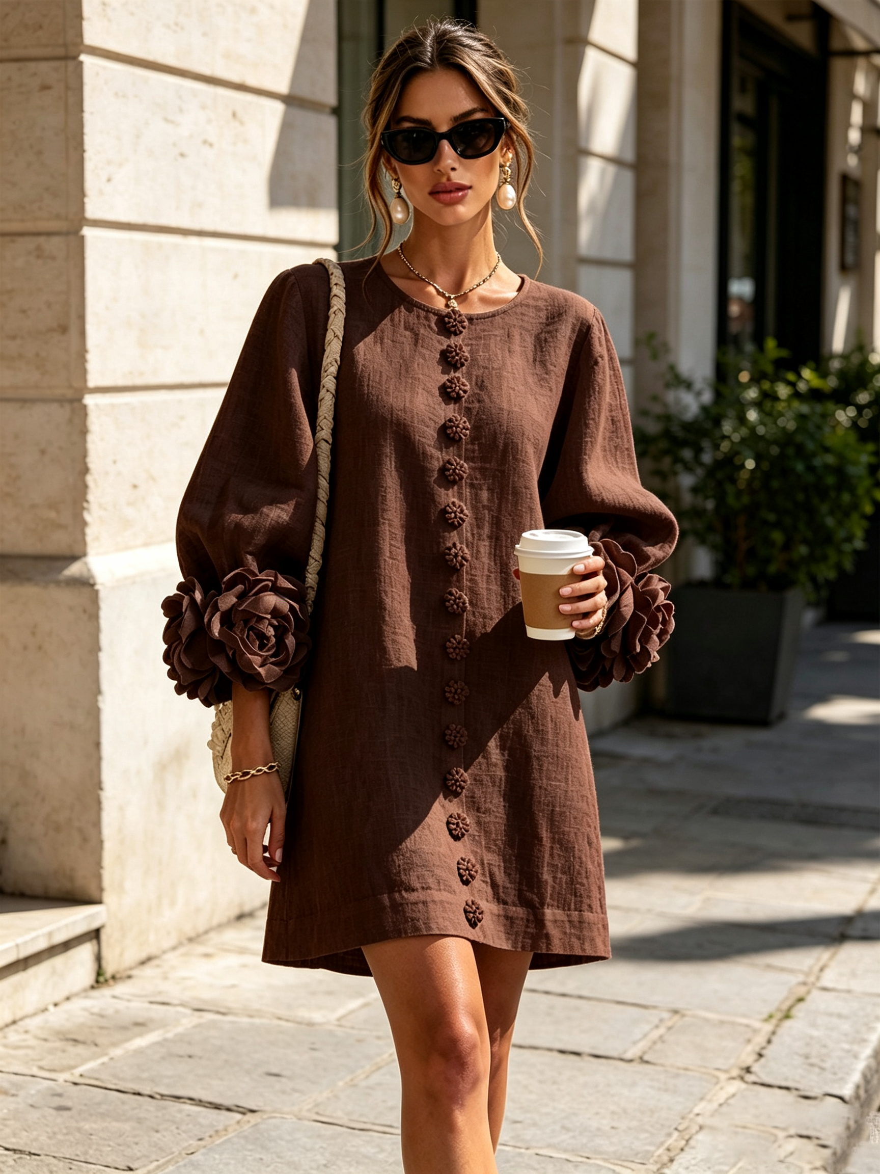 Cecily – White Mini Dress with Floral Buttons and Statement Sleeves