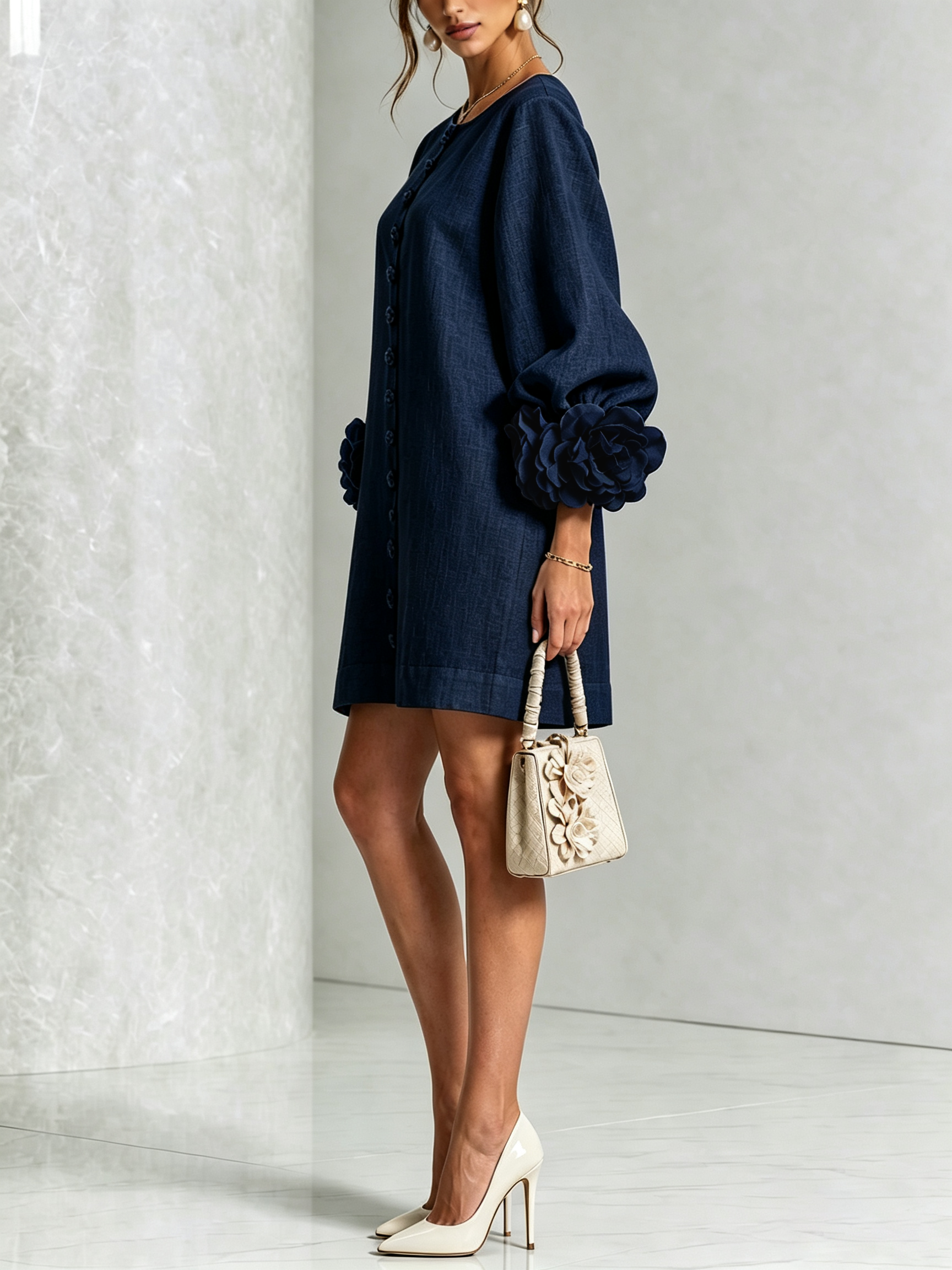 Cecily – White Mini Dress with Floral Buttons and Statement Sleeves