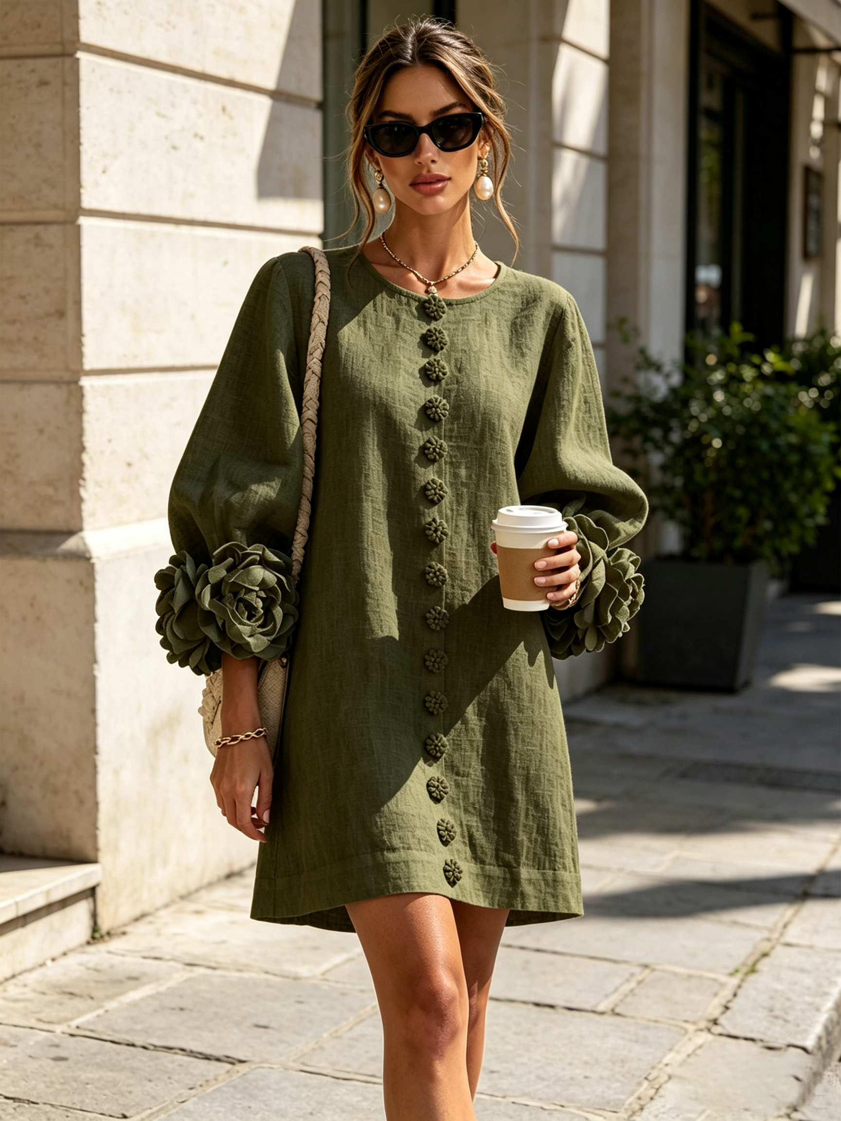 Cecily – White Mini Dress with Floral Buttons and Statement Sleeves