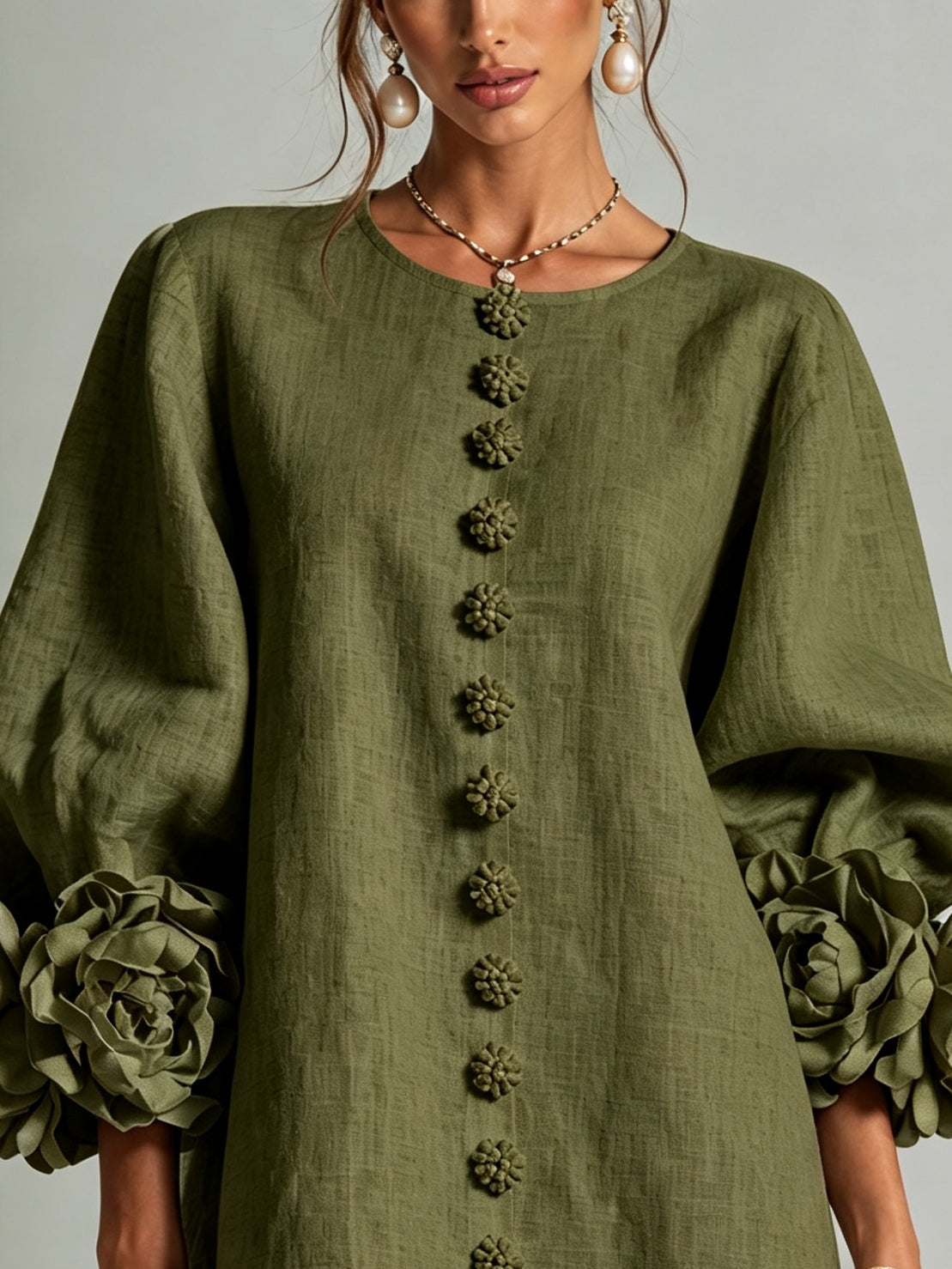 Colette – Olive Floral Button-Down Mini Dress with Statement Floral Sleeves