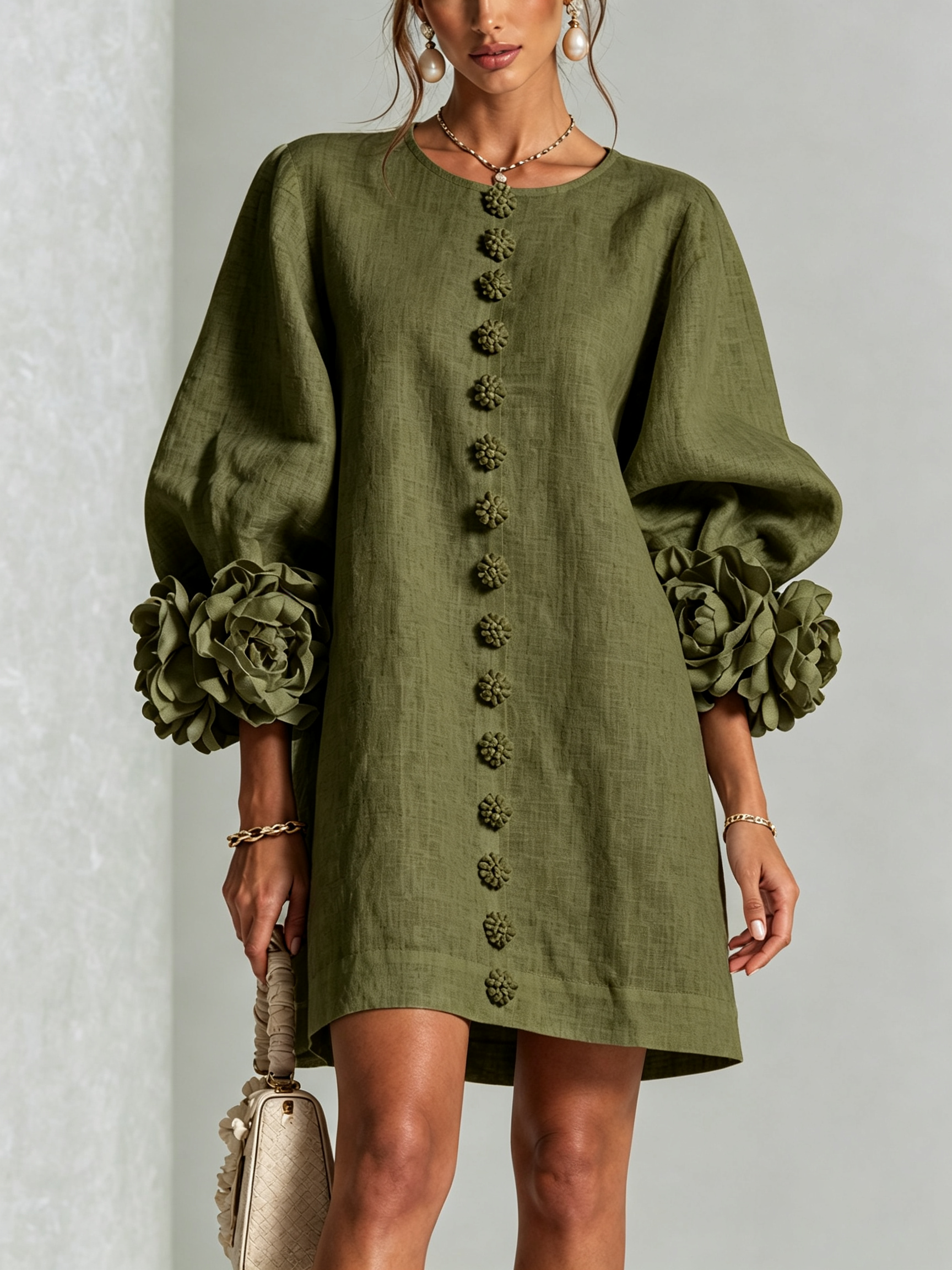 Cecily – White Mini Dress with Floral Buttons and Statement Sleeves