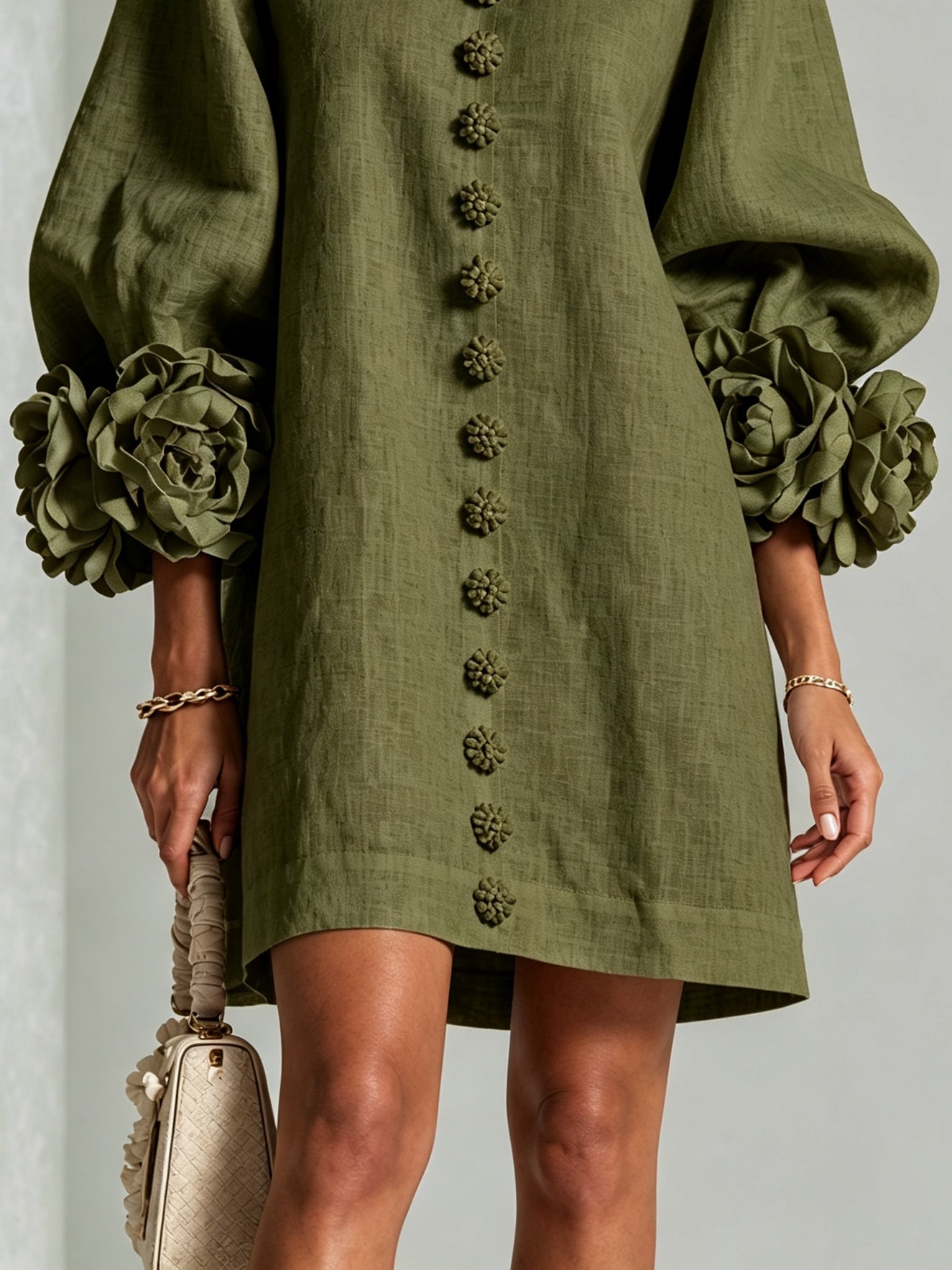 Colette – Olive Floral Button-Down Mini Dress with Statement Floral Sleeves