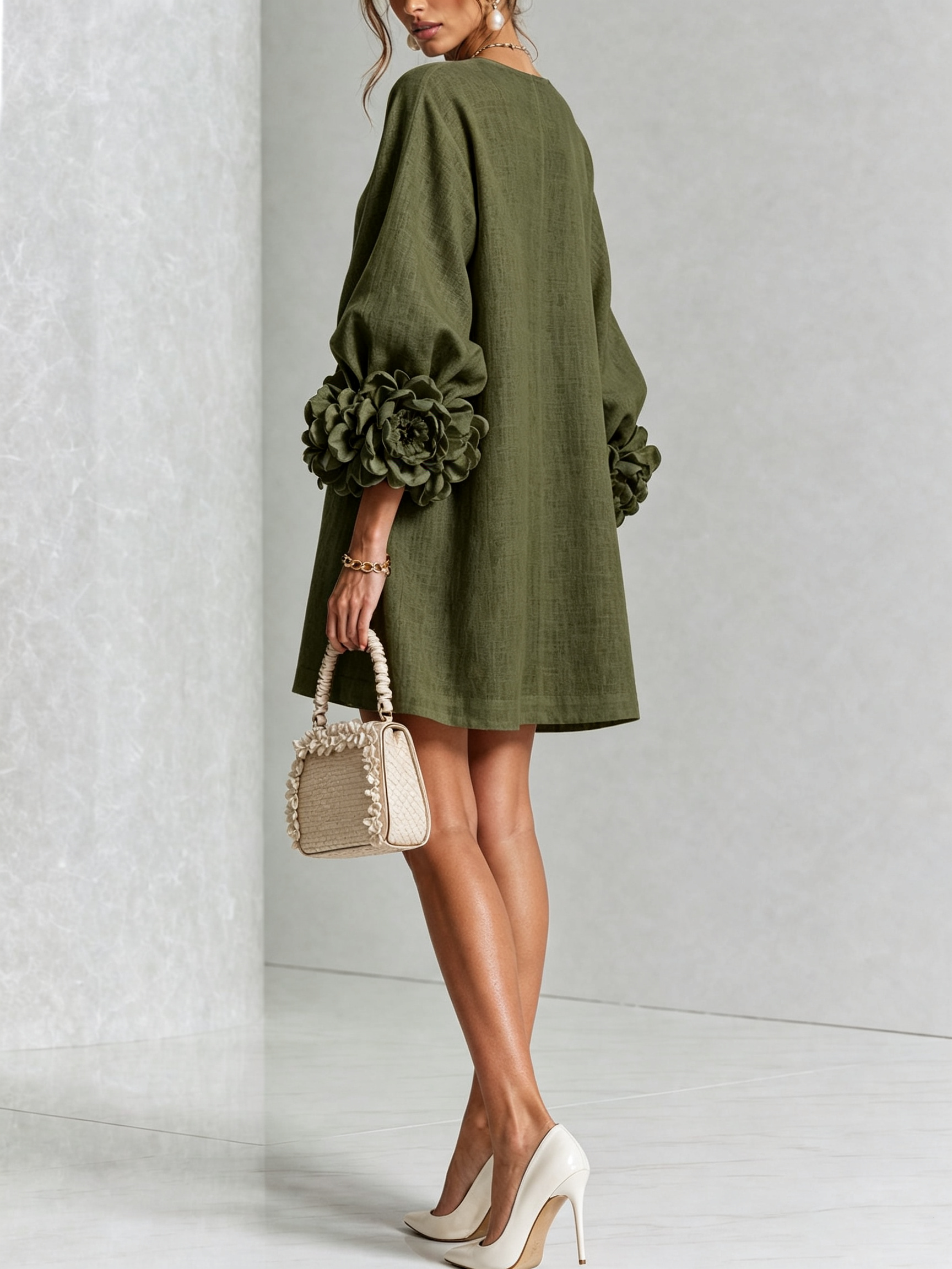 Colette – Olive Floral Button-Down Mini Dress with Statement Floral Sleeves