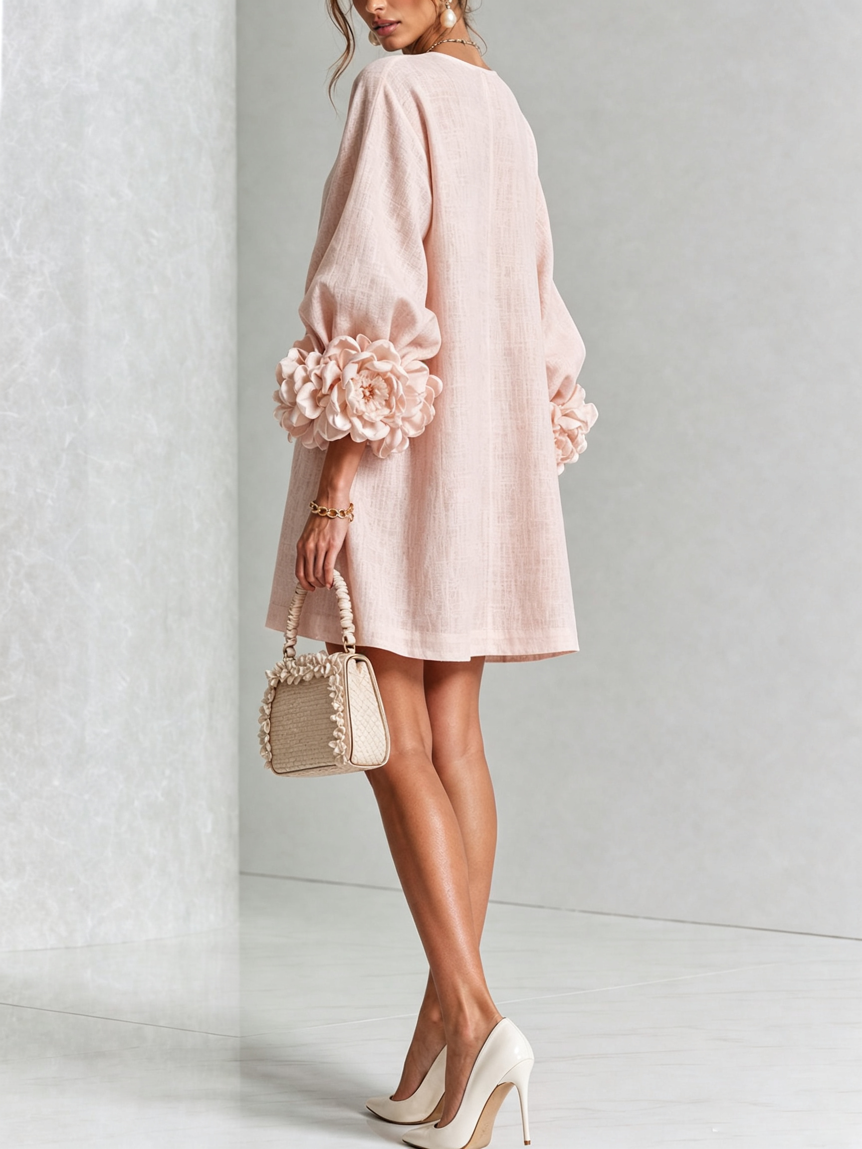 Cecily – White Mini Dress with Floral Buttons and Statement Sleeves