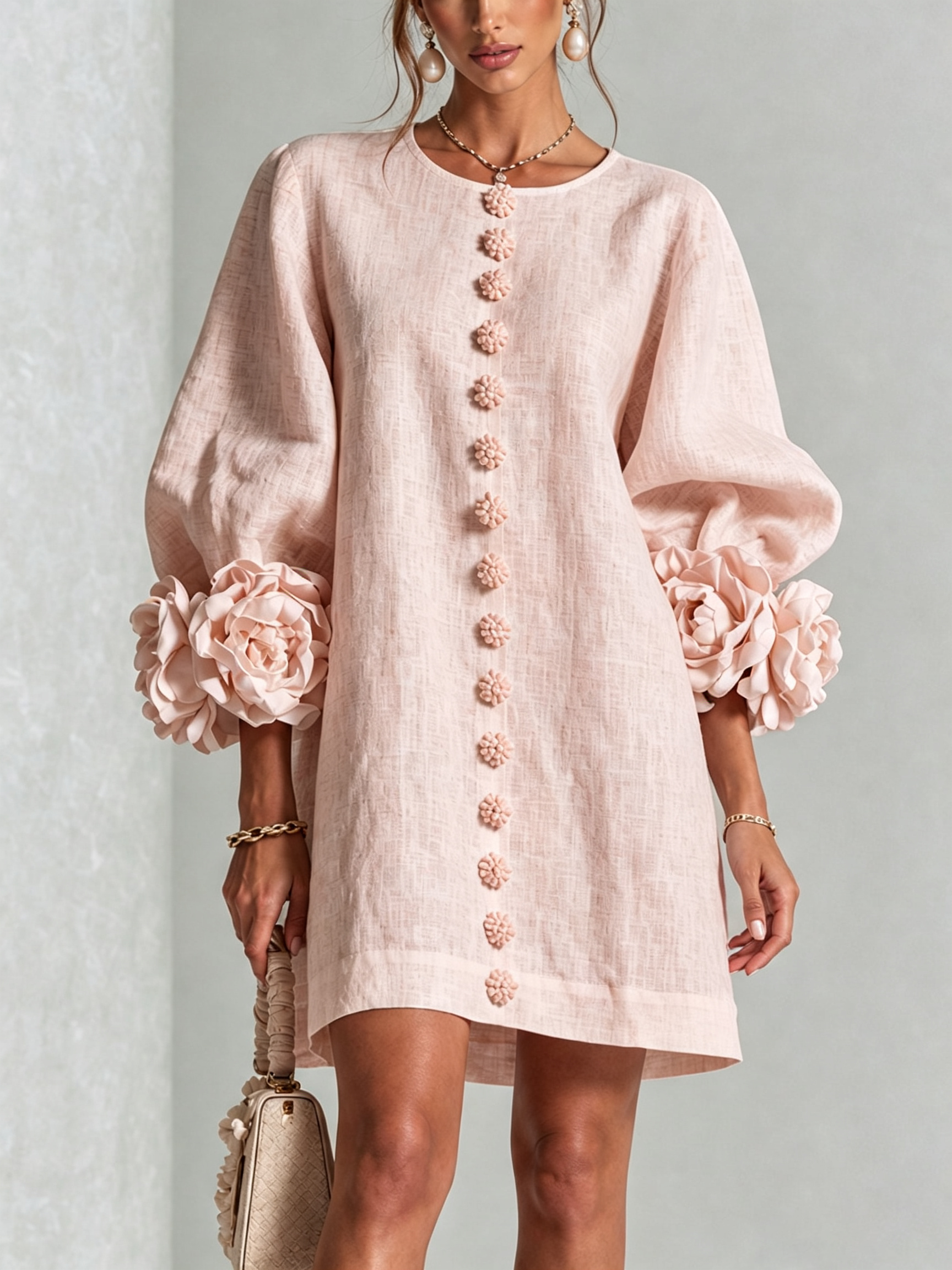 Cecily – White Mini Dress with Floral Buttons and Statement Sleeves