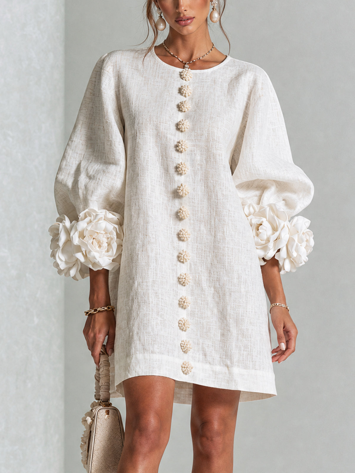 Cecily – White Mini Dress with Floral Buttons and Statement Sleeves