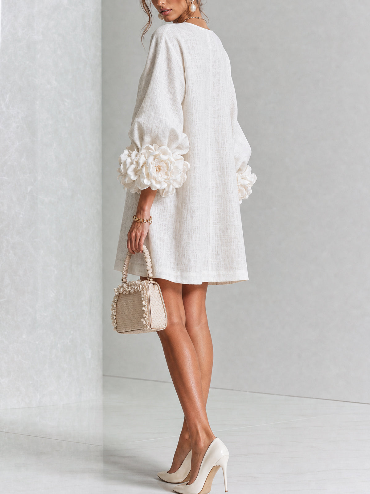Cecily – White Mini Dress with Floral Buttons and Statement Sleeves