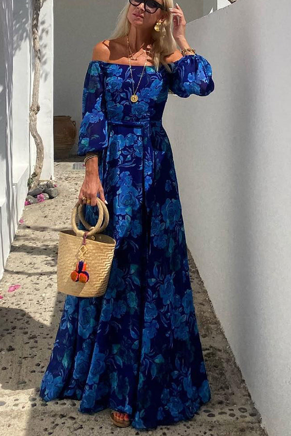 Sybil - Long Dress with Floral Print and Off-Shoulder Sleeves