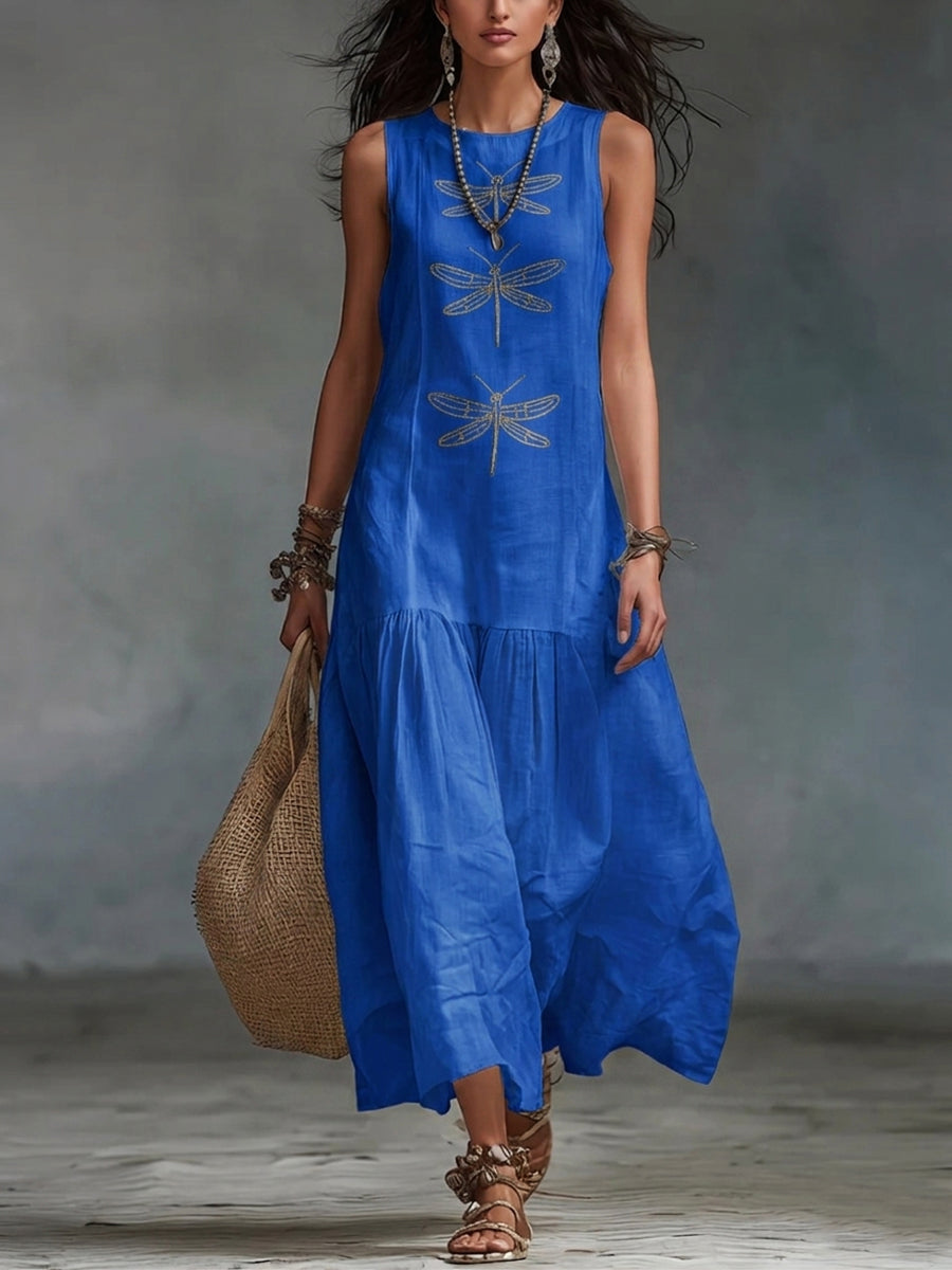Myla - Sleeveless Dragonfly Linen Dress