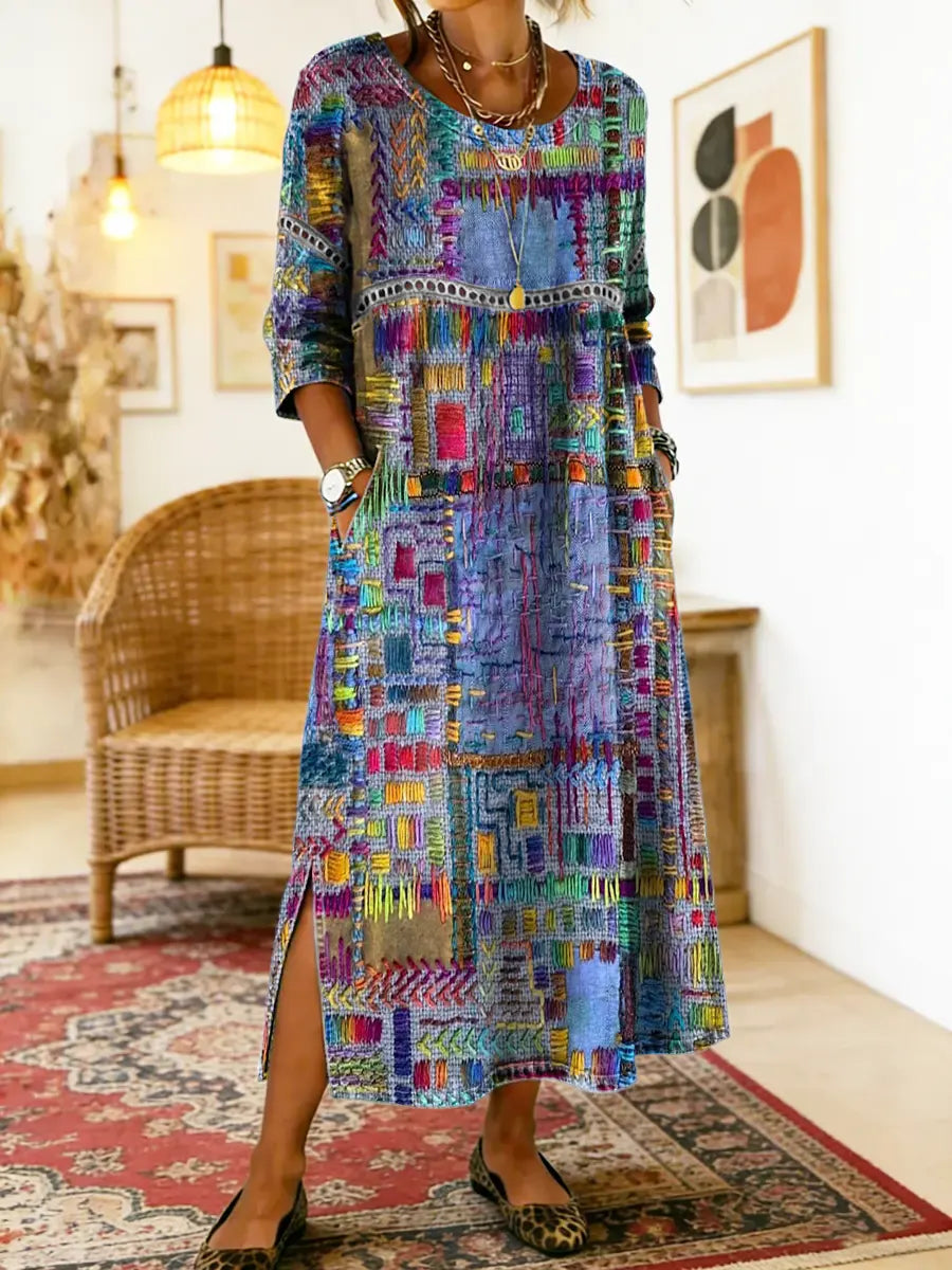 Zinnia - Printed Dress with Ethnic Patchwork