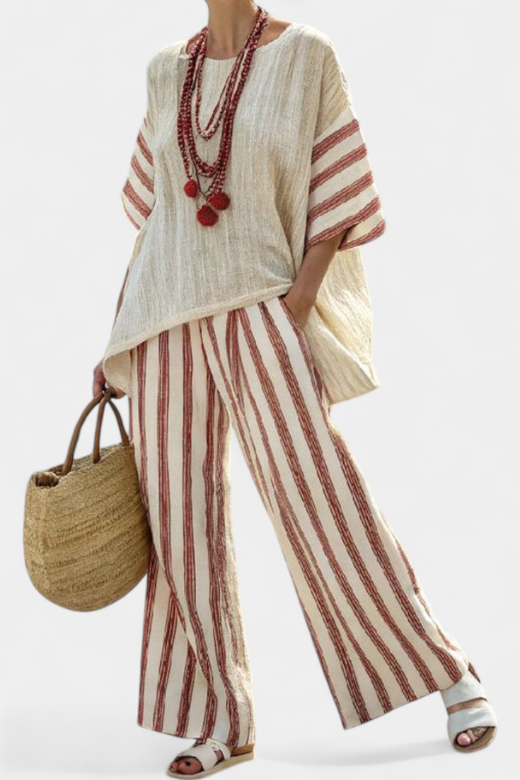 Sabrina – Elegant Rustic Striped Top and Cream Linen Trousers