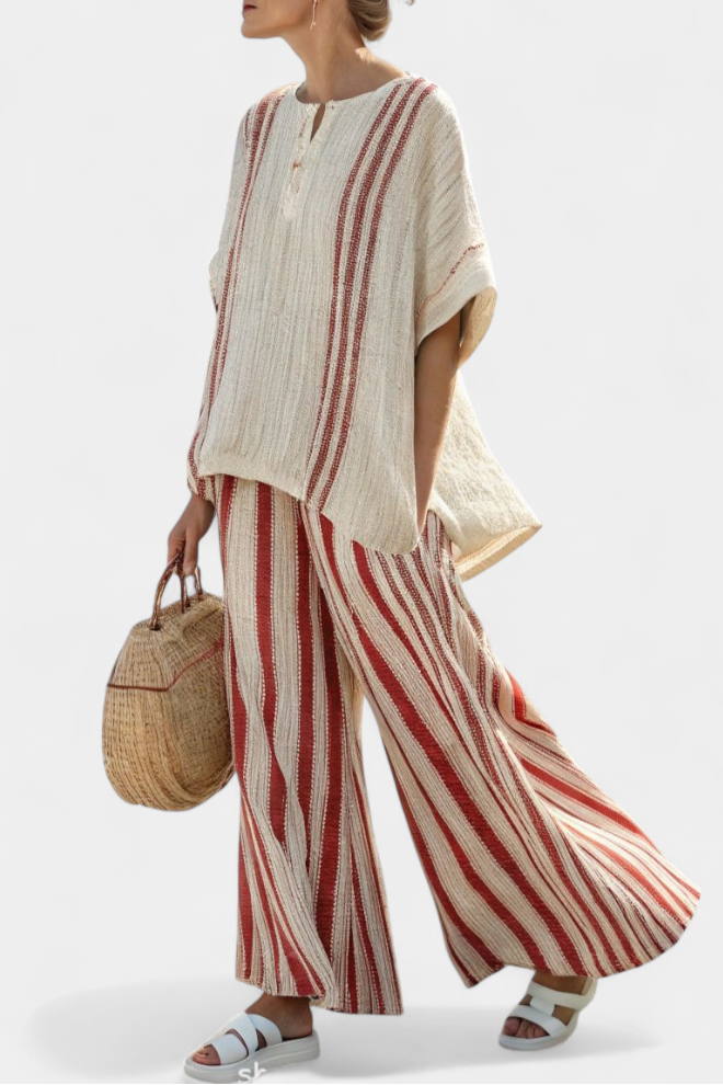 Matilda – Structured Red Striped Top and Linen Trousers