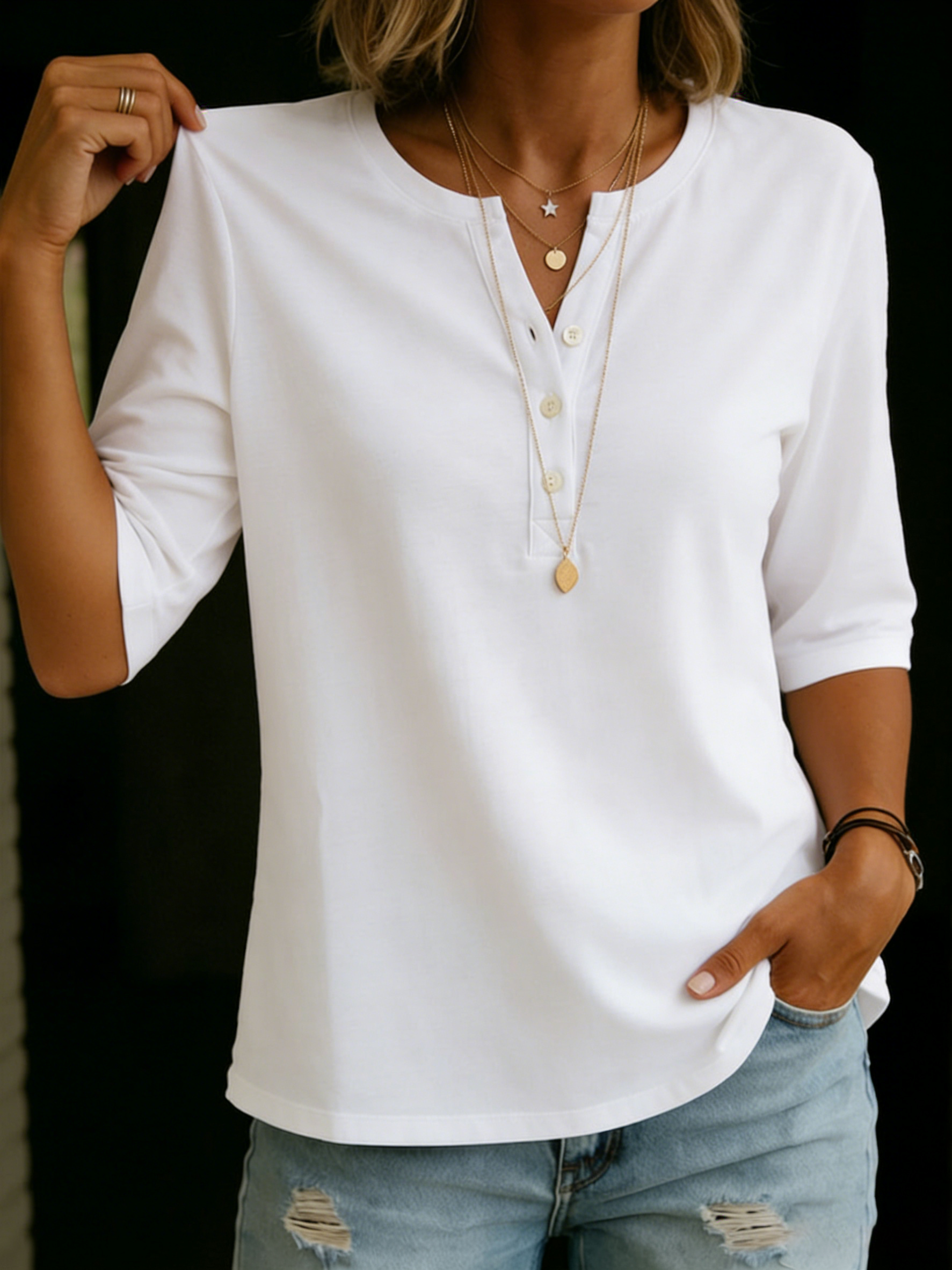 Nancy – Classic Henley Collar Cotton T-shirt