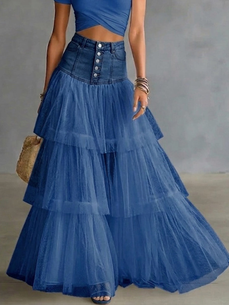 Lyla - Spliced Mesh Denim Skirt