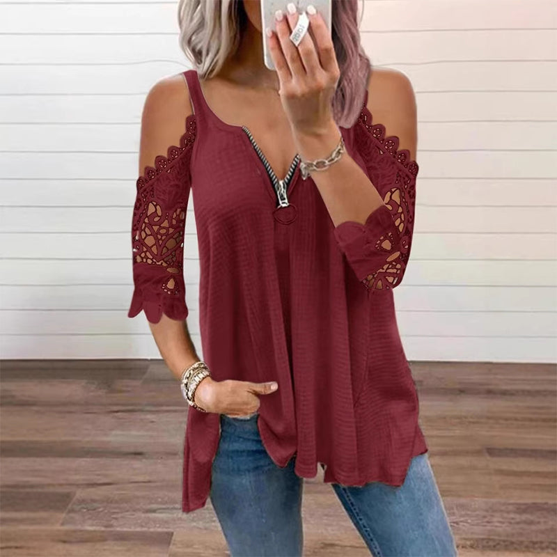 Elena - Lace Cold-Shoulder V-Neck Top