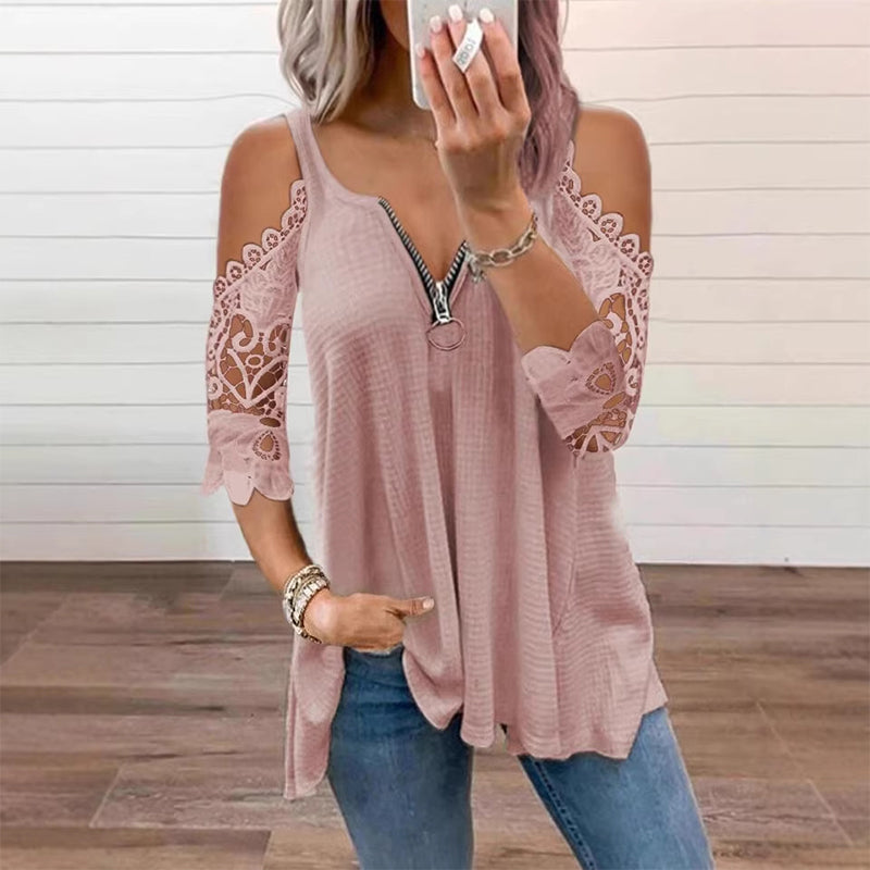 Elena - Lace Cold-Shoulder V-Neck Top