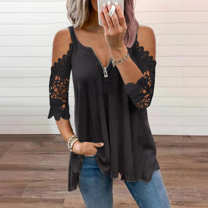 Elena - Lace Cold-Shoulder V-Neck Top